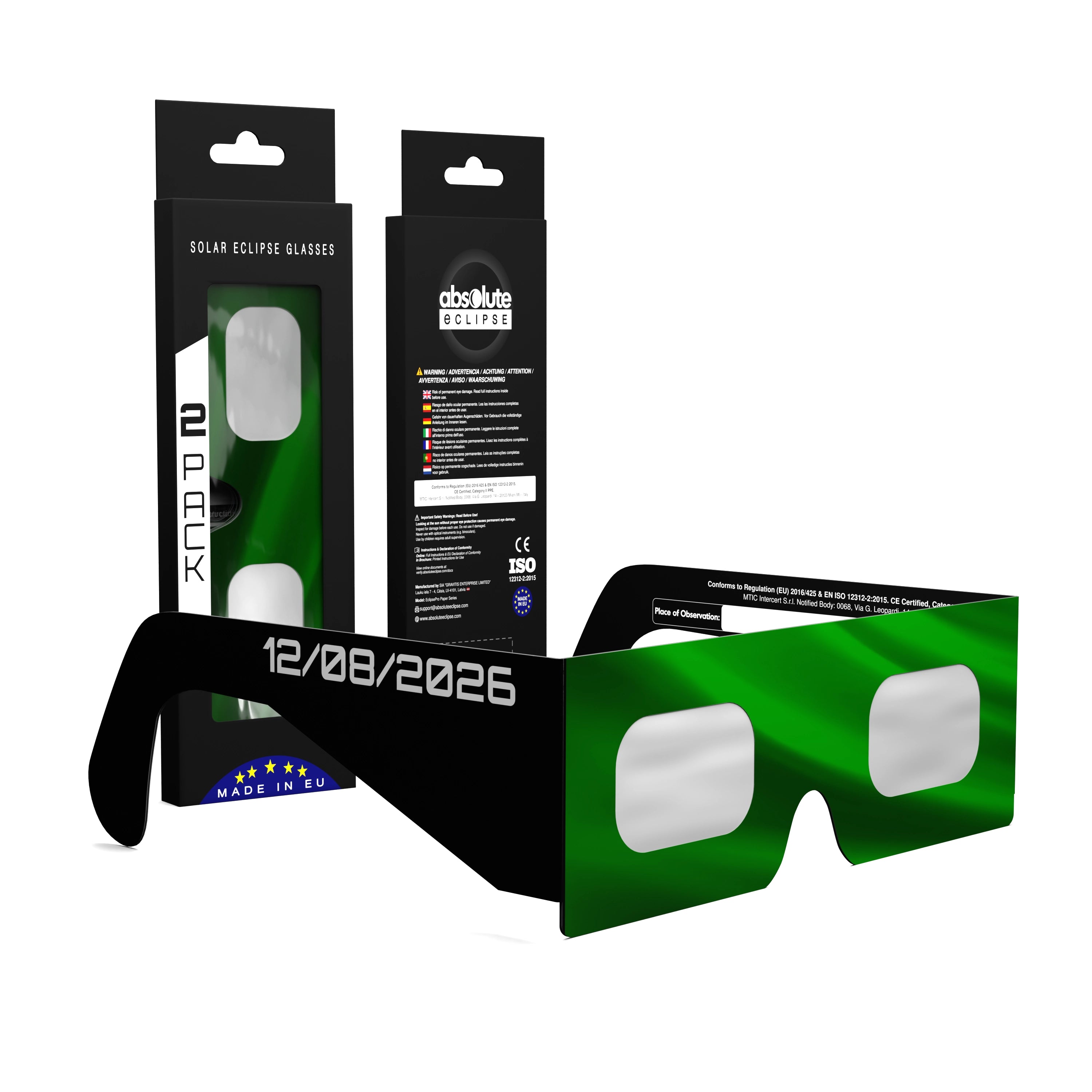 Solar Eclipse Glasses with PT design, CE Certified and ISO Compliant - Packaging Image of 2-Pack