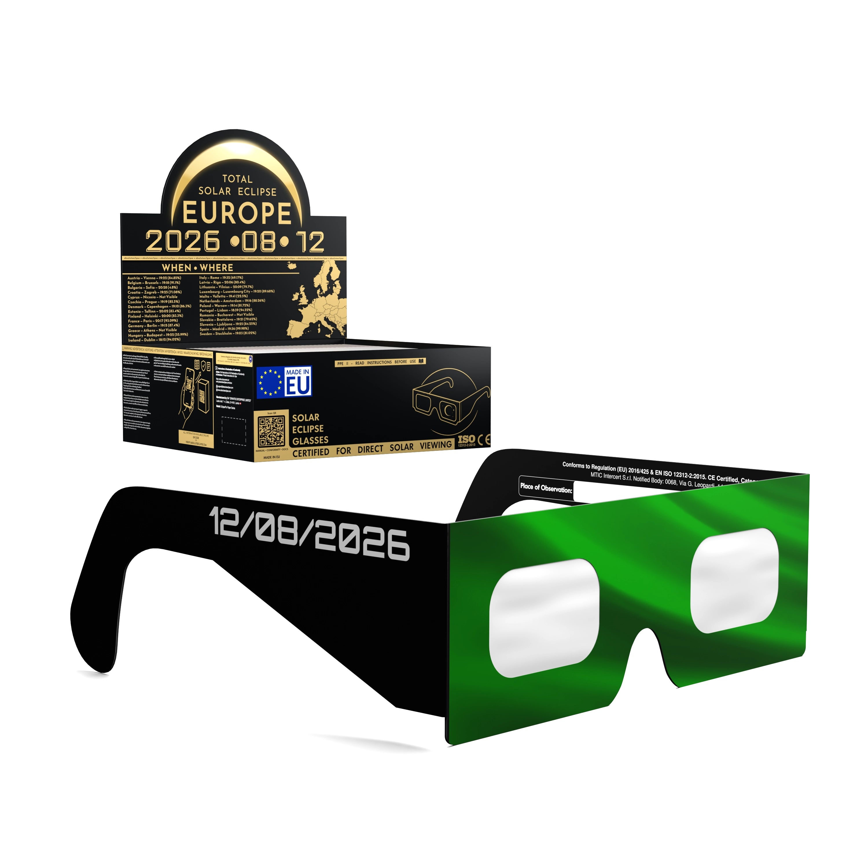 Solar Eclipse Glasses with PT design, CE Certified and ISO Compliant - Packaging Image of 50-Pack
