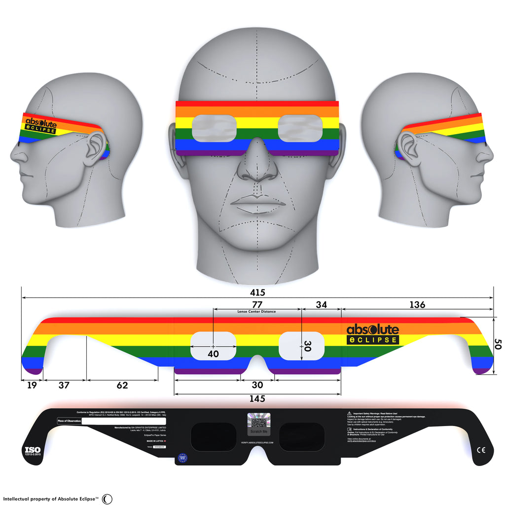 Solar Eclipse Glasses with Rainbow design, CE Certified and ISO Compliant - Back and Front View
