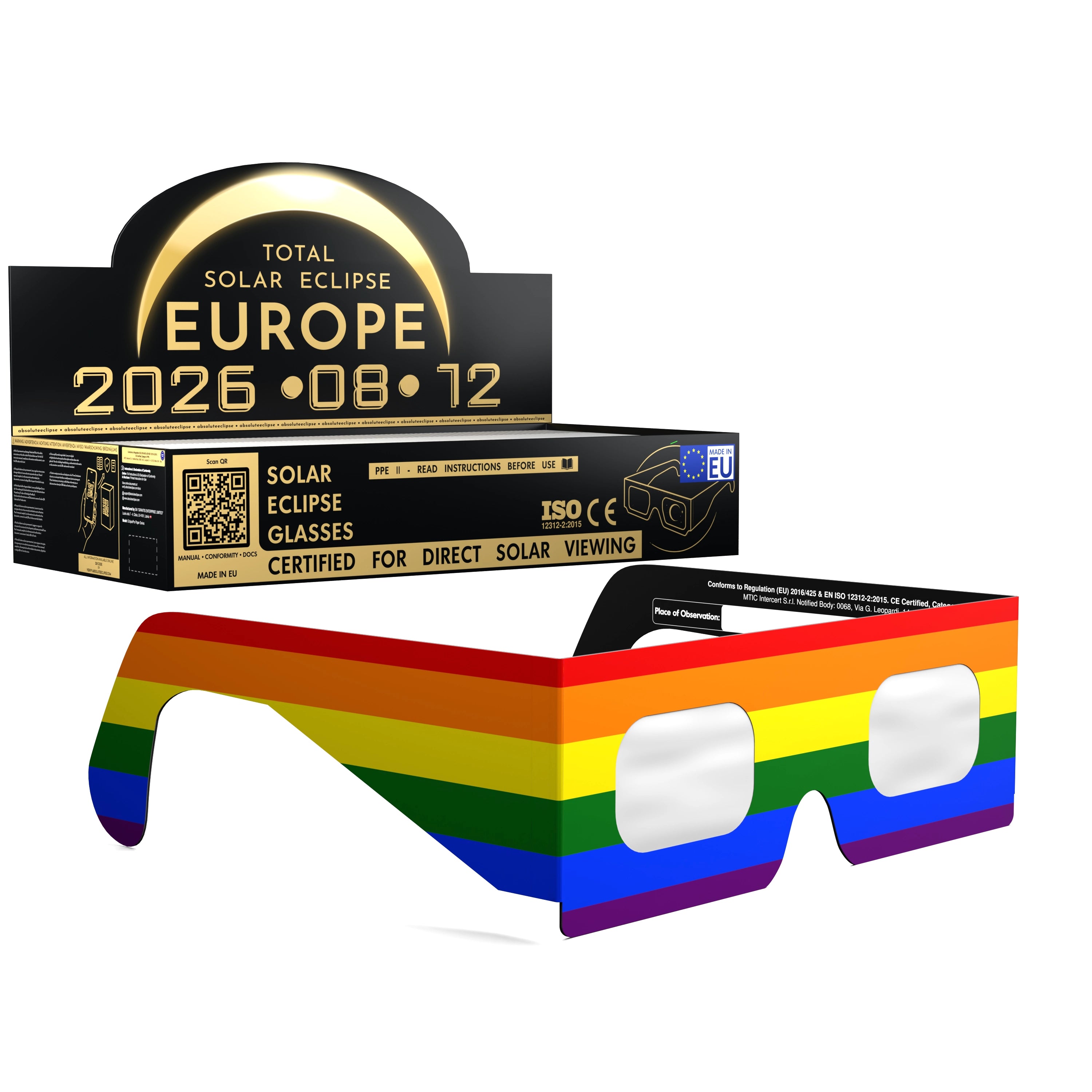 Solar Eclipse Glasses with Rainbow design, CE Certified and ISO Compliant - Packaging Image of 100-Pack