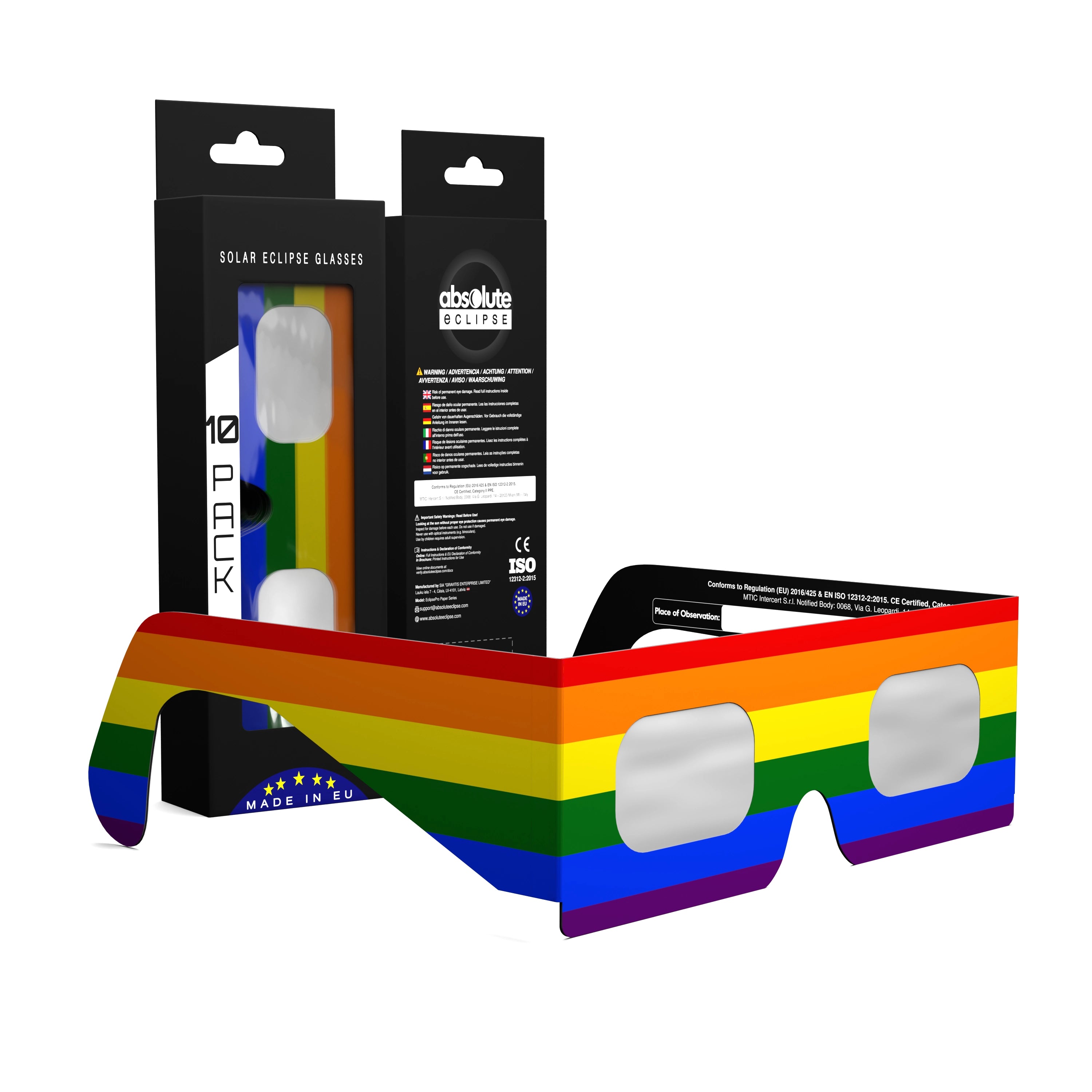 Solar Eclipse Glasses with Rainbow design, CE Certified and ISO Compliant - Packaging Image of 10-Pack