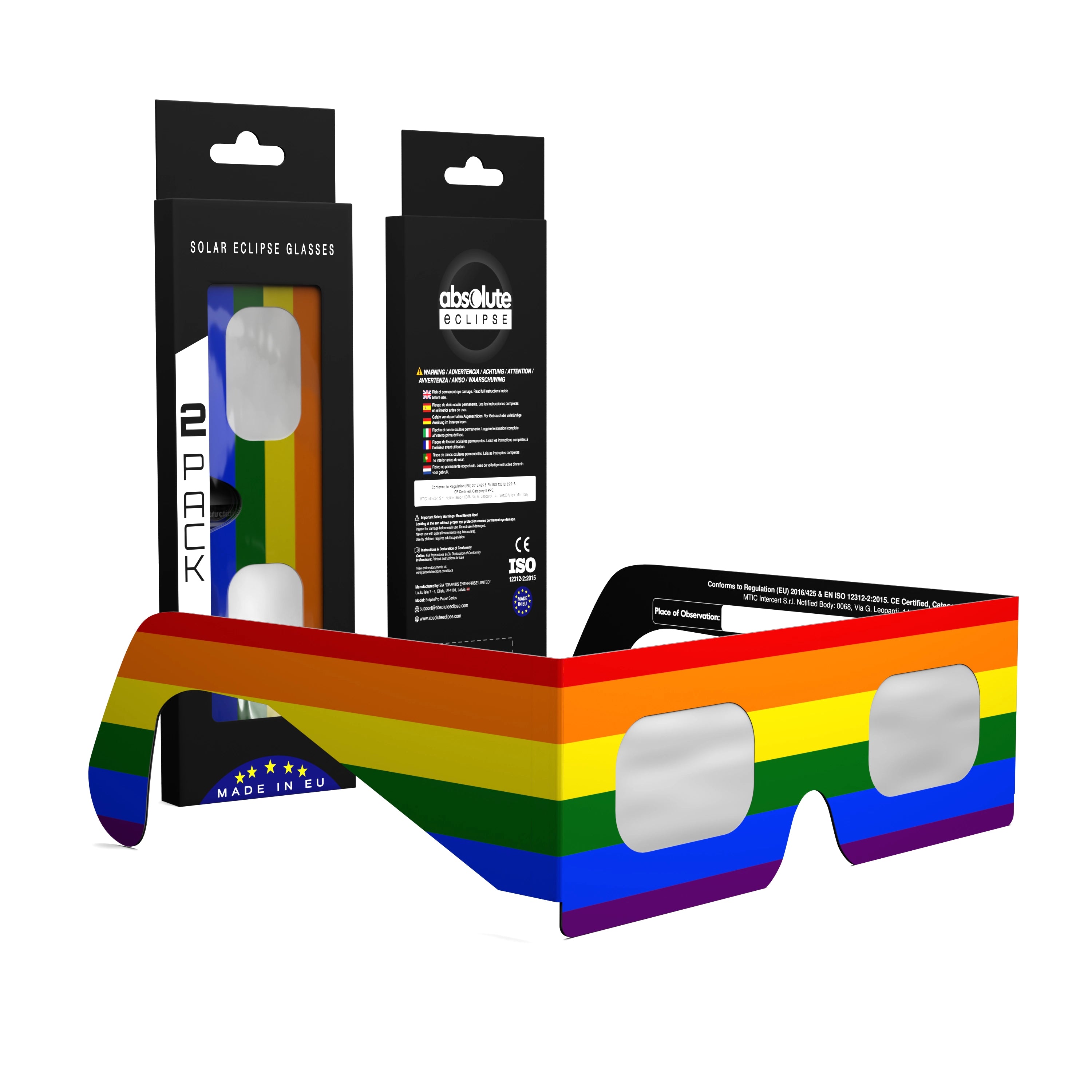 Solar Eclipse Glasses with Rainbow design, CE Certified and ISO Compliant - Packaging Image of 2-Pack