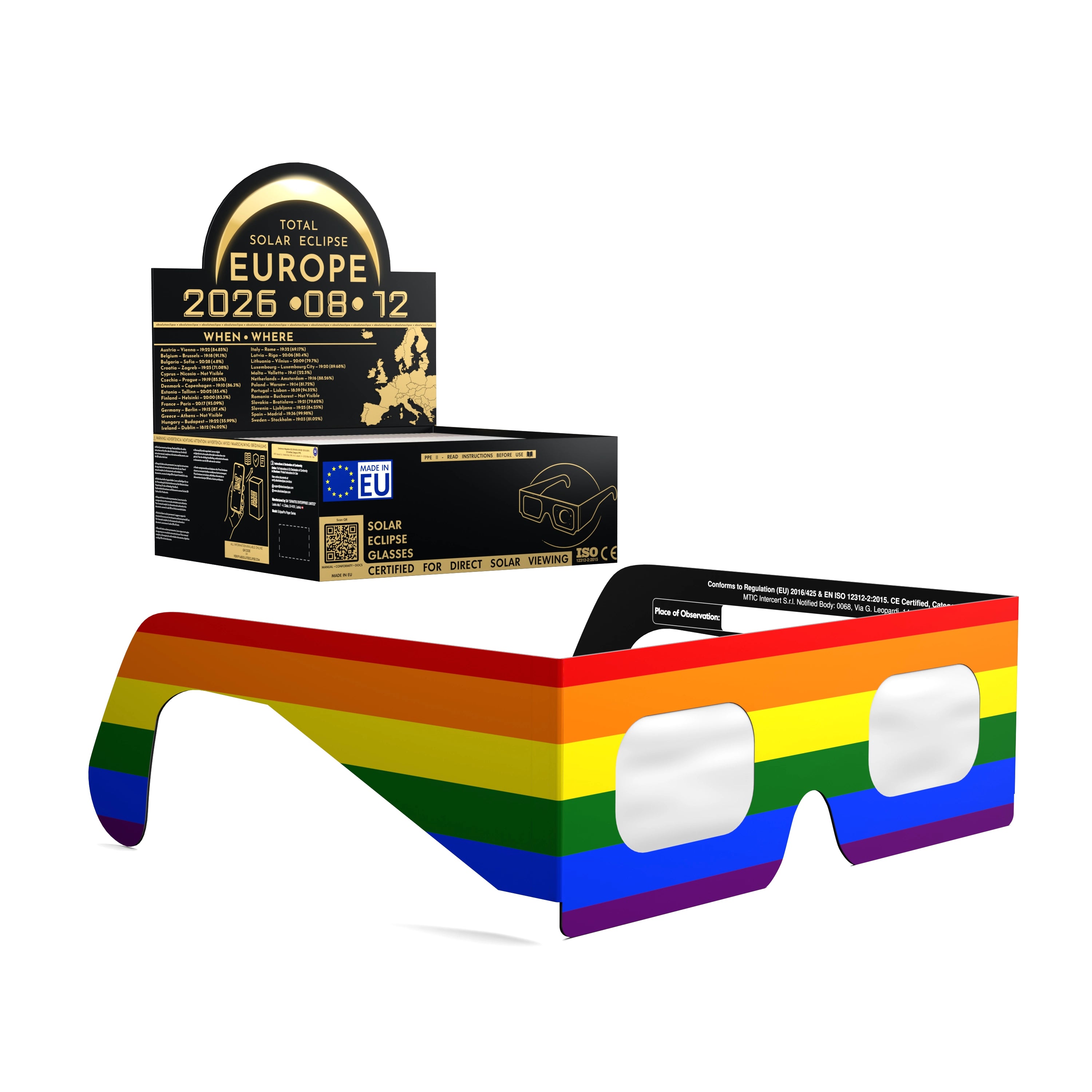 Solar Eclipse Glasses with Rainbow design, CE Certified and ISO Compliant - Packaging Image of 50-Pack