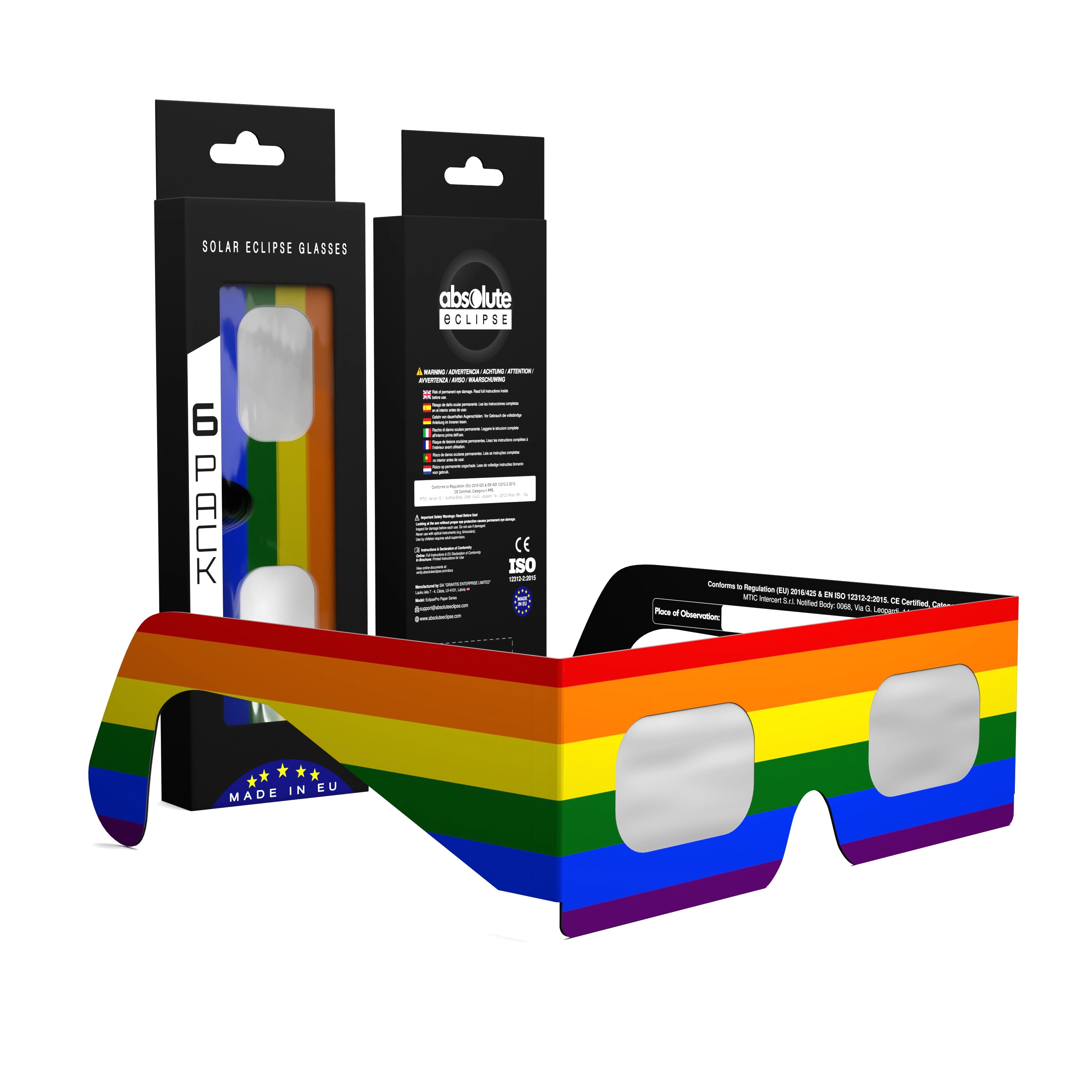 Solar Eclipse Glasses with Rainbow design, CE Certified and ISO Compliant - Packaging Image of 6-Pack