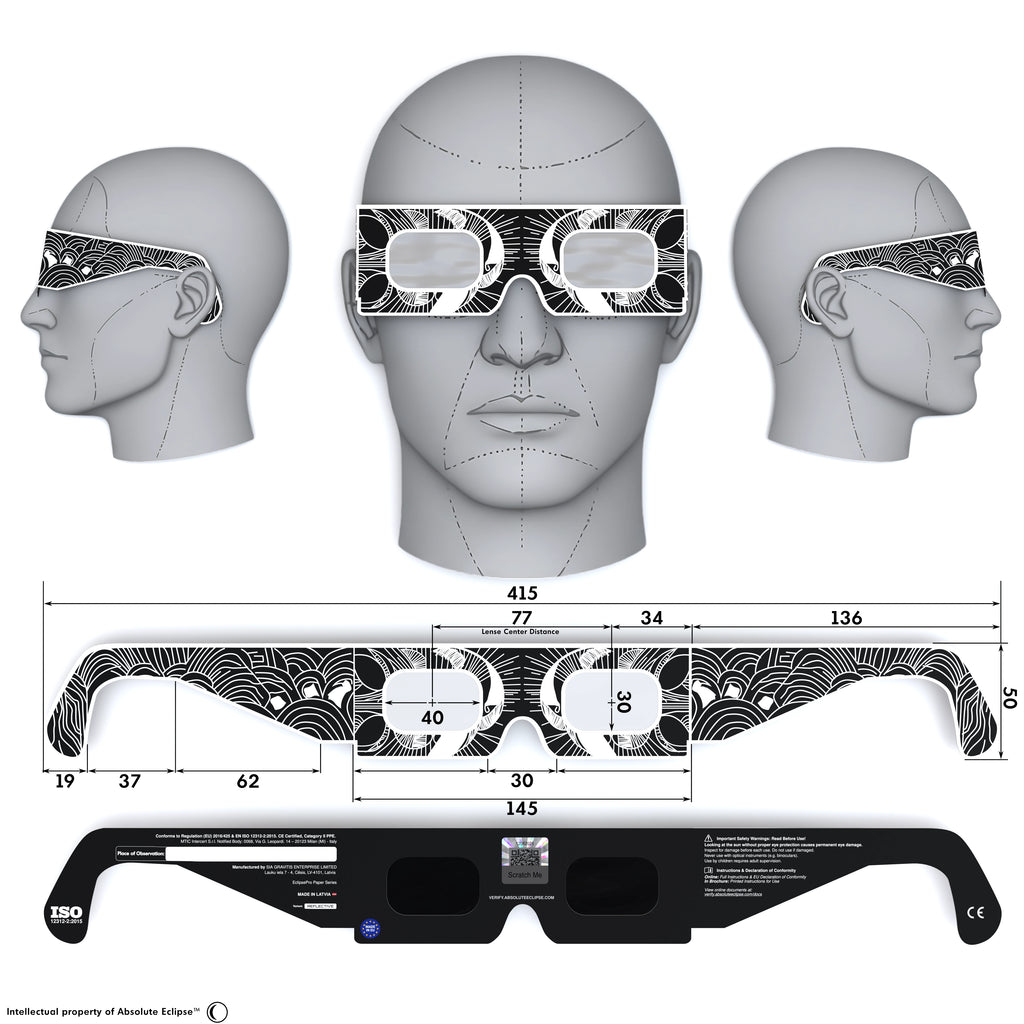 Solar Eclipse Glasses with Reflective design, CE Certified and ISO Compliant - Back and Front View