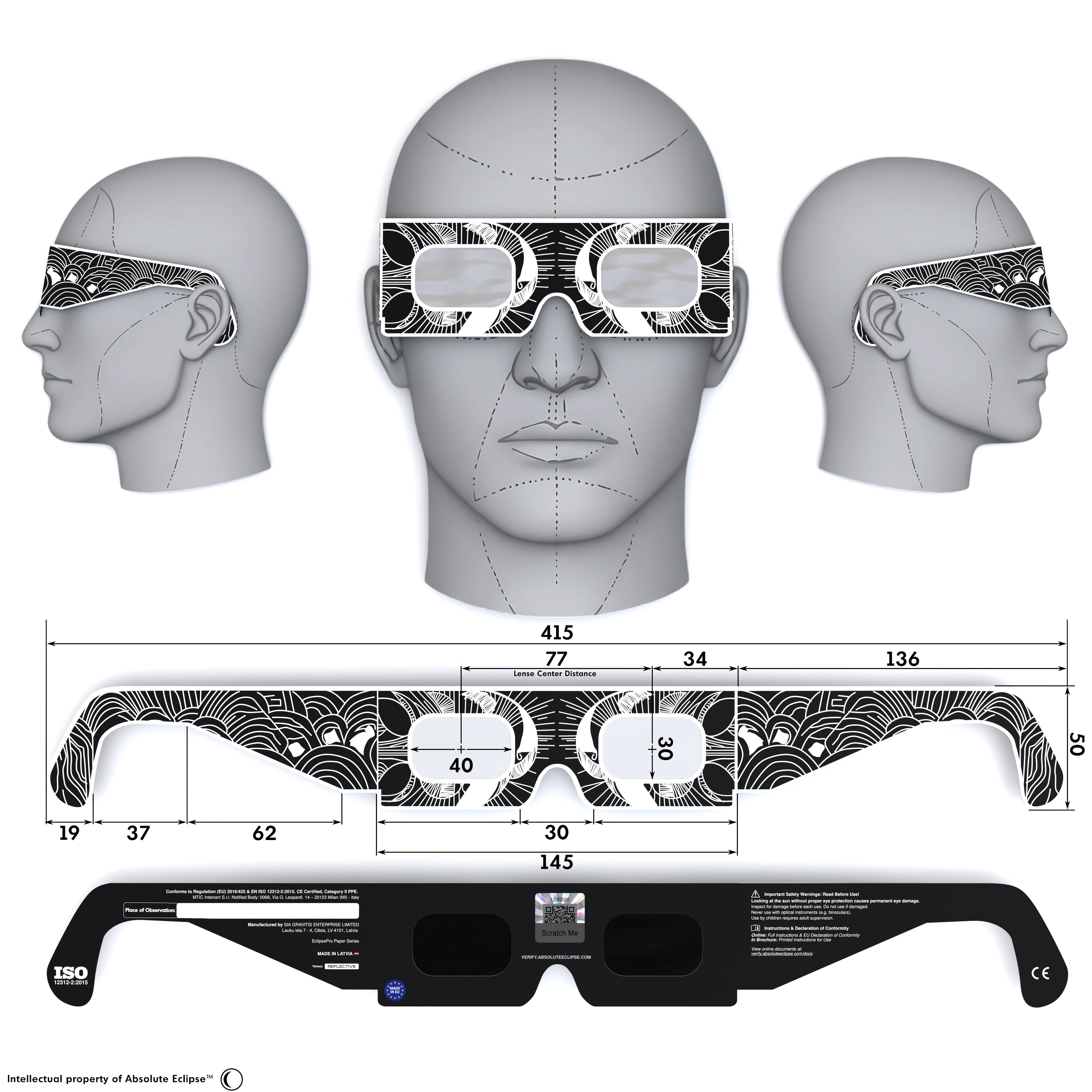 Solar Eclipse Glasses with Reflective design, CE Certified and ISO Compliant - Back and Front View