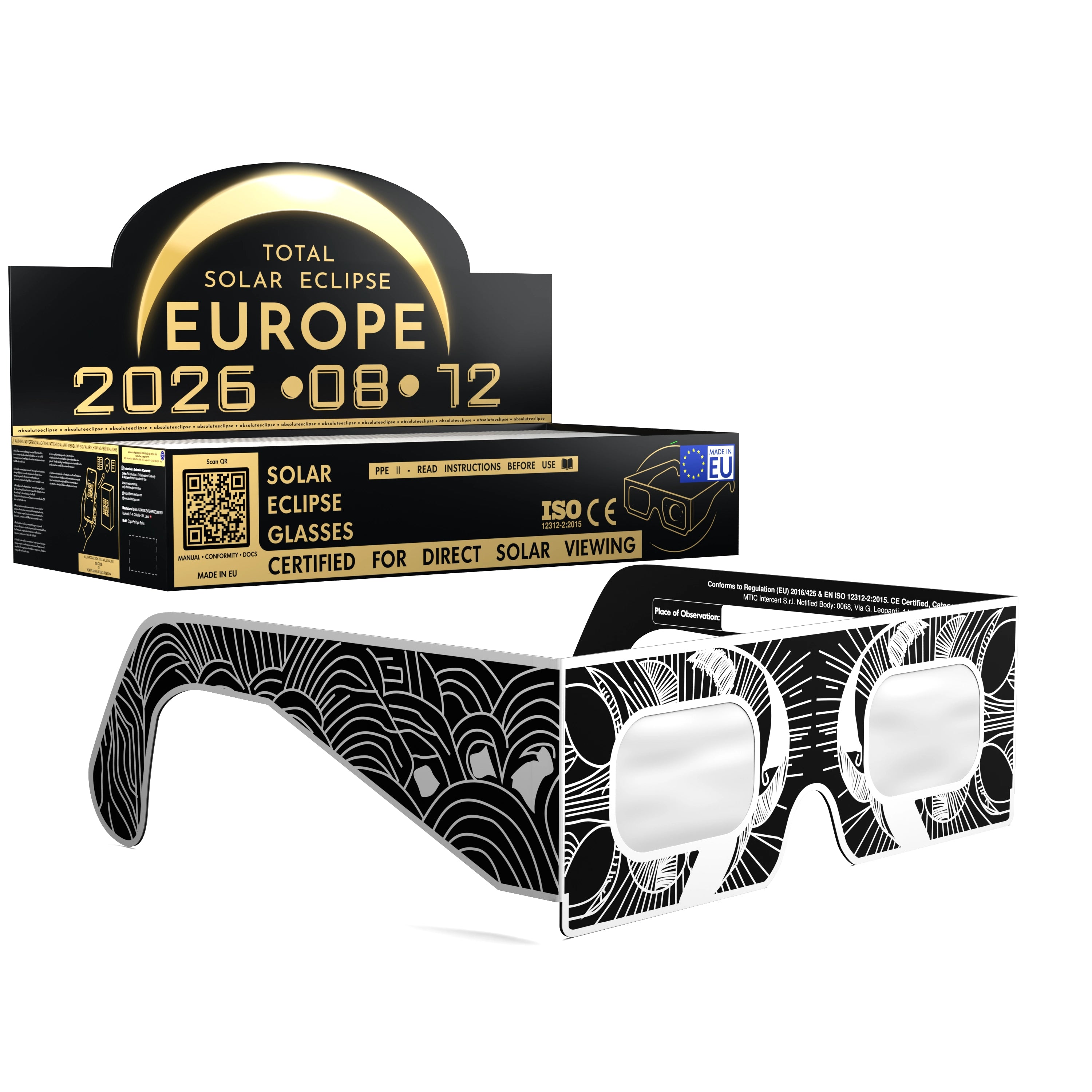 Solar Eclipse Glasses with Reflective design, CE Certified and ISO Compliant - Packaging Image of 100-Pack
