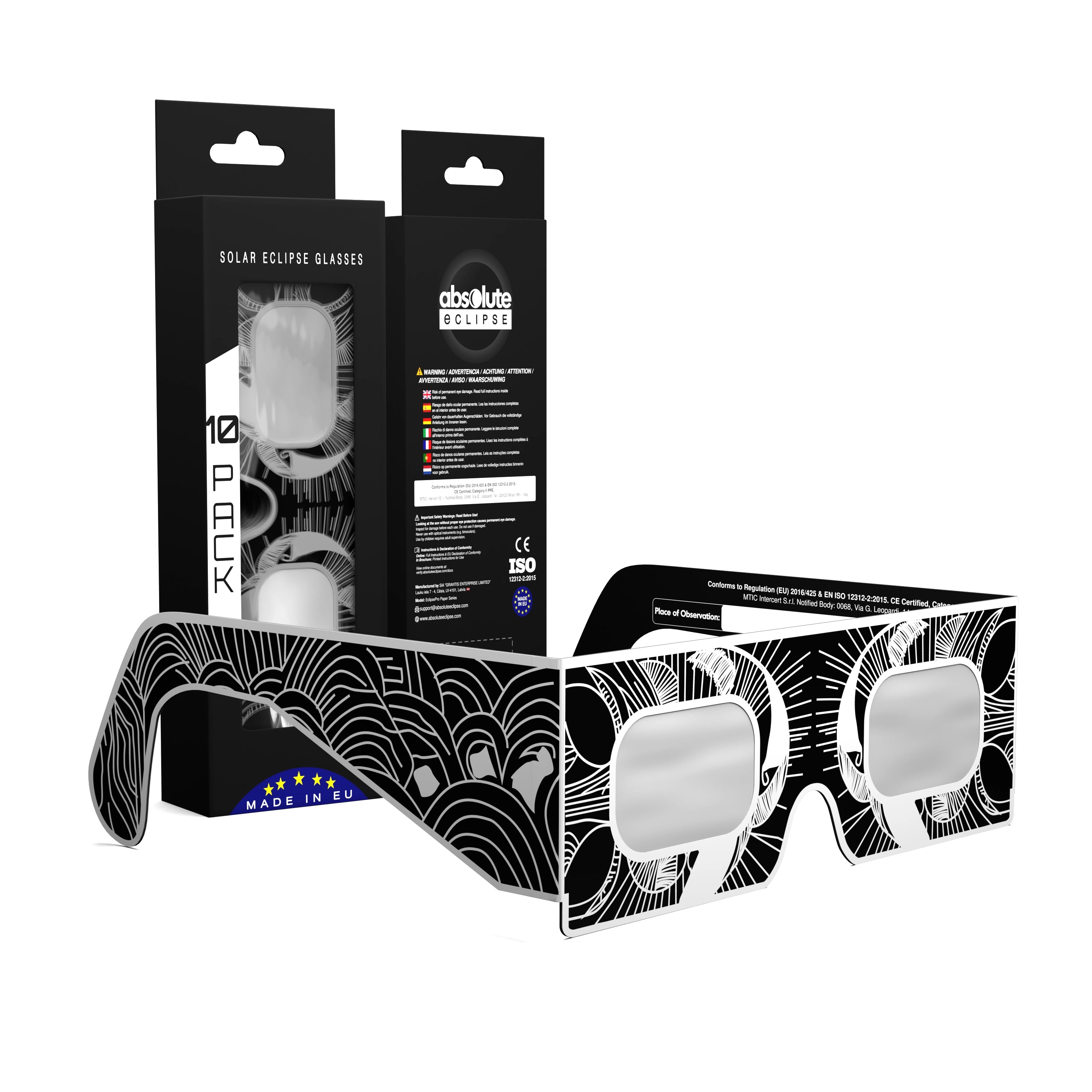 Solar Eclipse Glasses with Reflective design, CE Certified and ISO Compliant - Packaging Image of 10-Pack