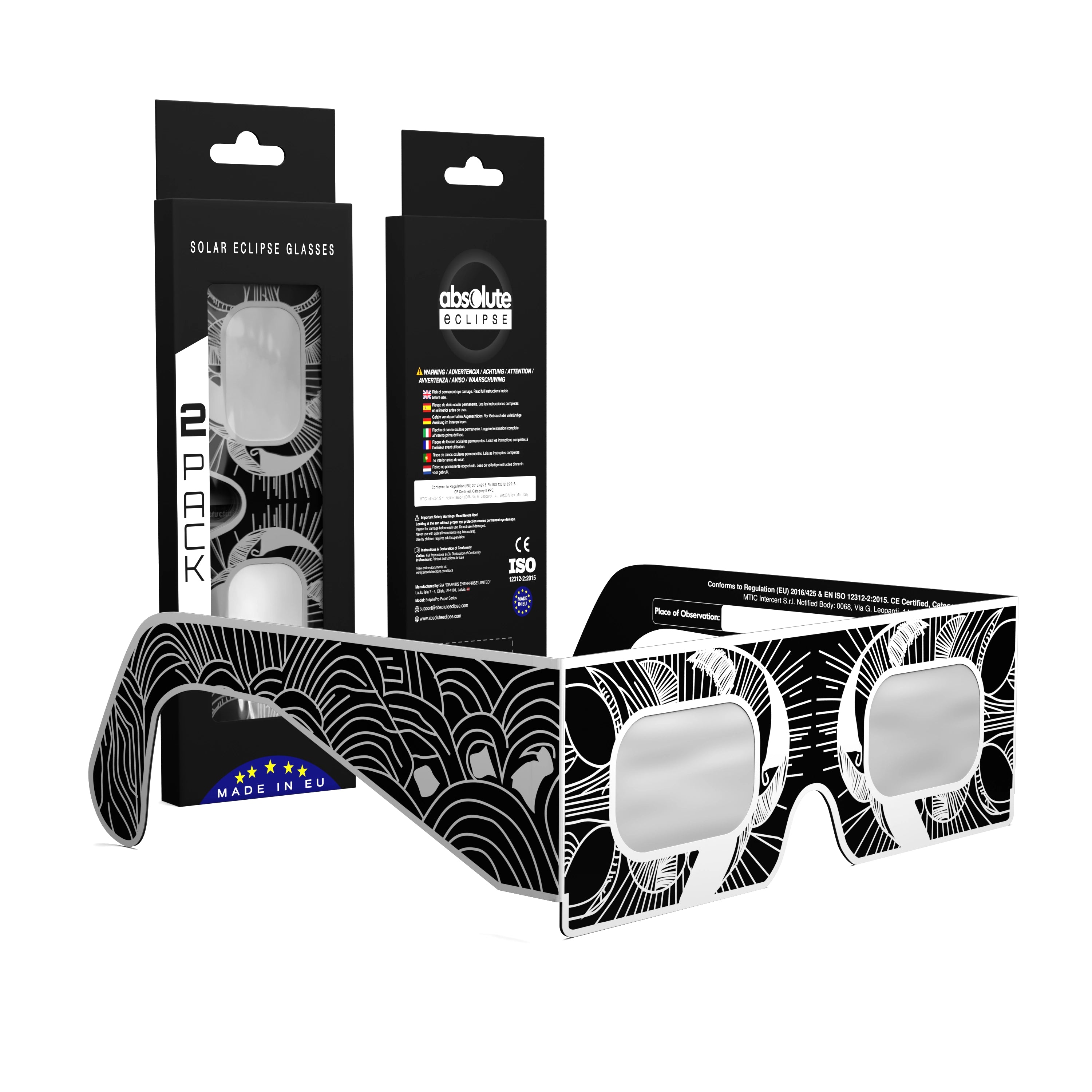 Solar Eclipse Glasses with Reflective design, CE Certified and ISO Compliant - Packaging Image of 2-Pack