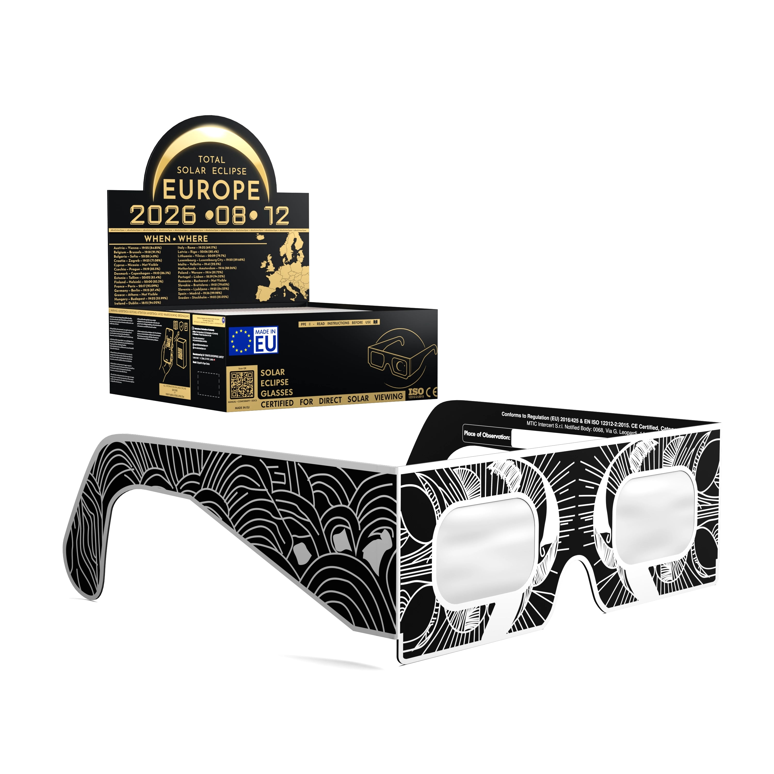 Solar Eclipse Glasses with Reflective design, CE Certified and ISO Compliant - Packaging Image of 50-Pack