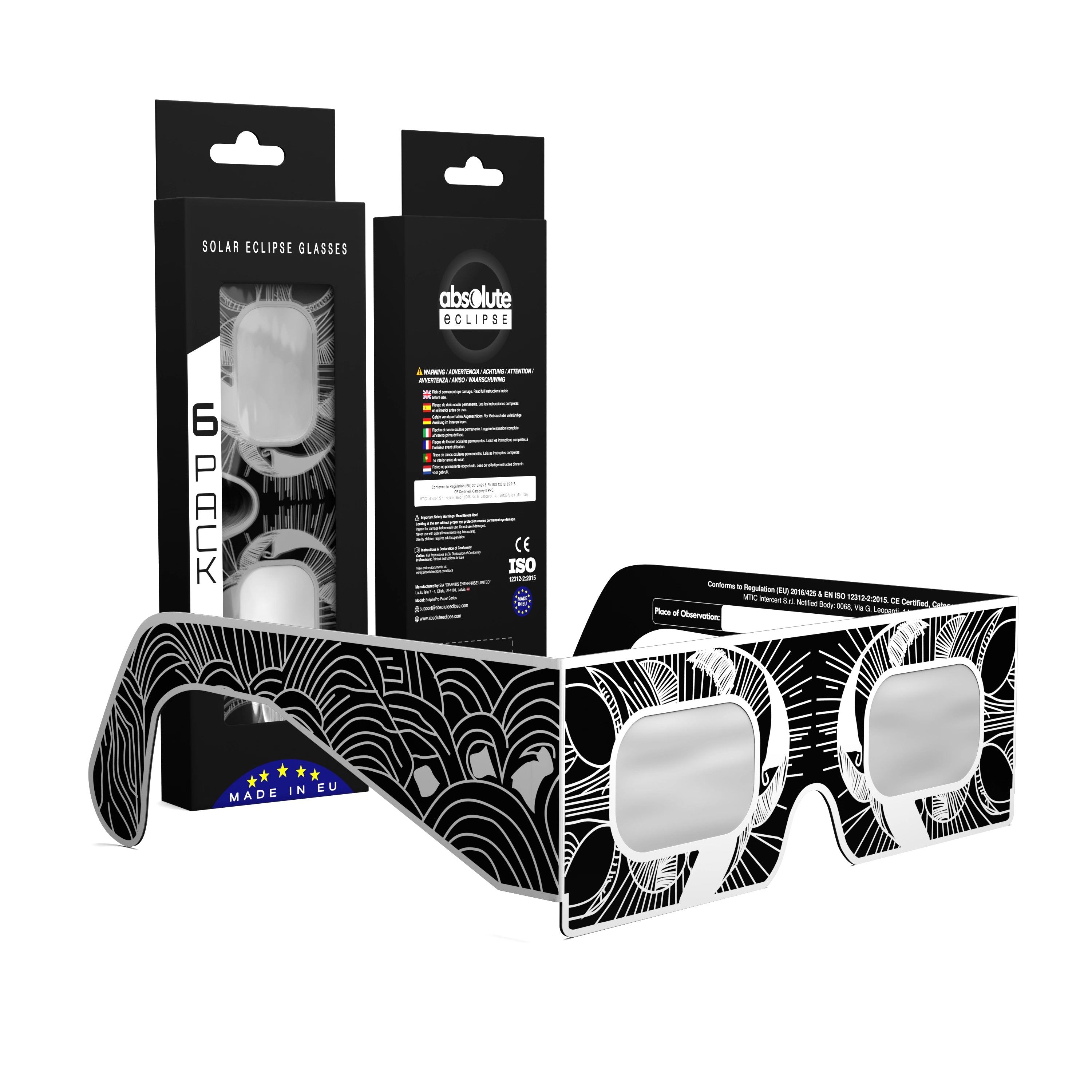 Solar Eclipse Glasses with Reflective design, CE Certified and ISO Compliant - Packaging Image of 6-Pack