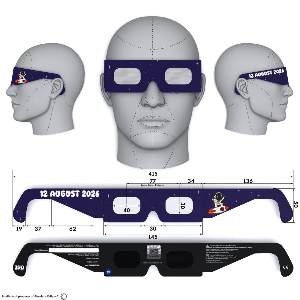 Solar Eclipse Glasses with Rocketrider design, CE Certified and ISO Compliant - Back and Front View
