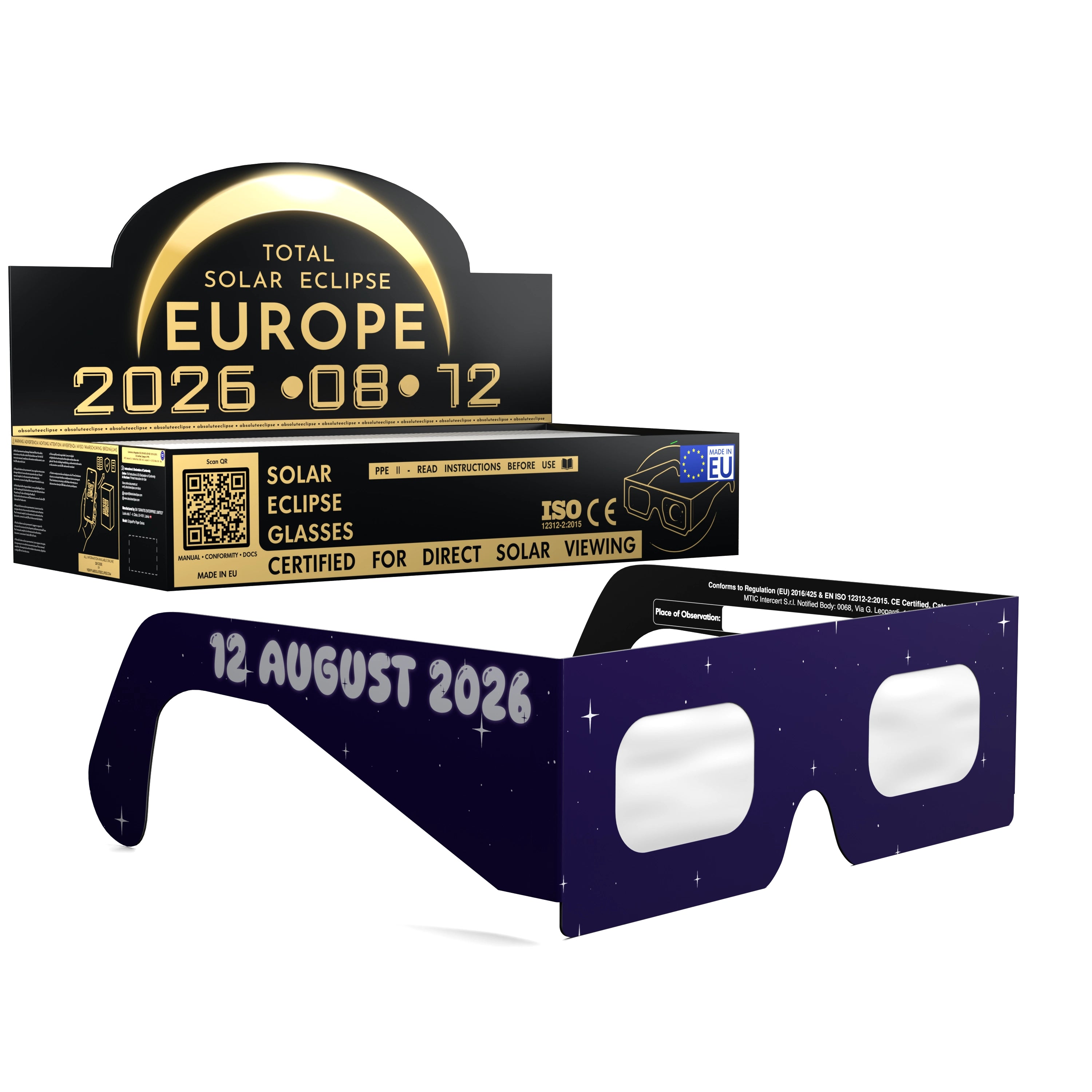 Solar Eclipse Glasses with Rocketrider design, CE Certified and ISO Compliant - Packaging Image of 100-Pack