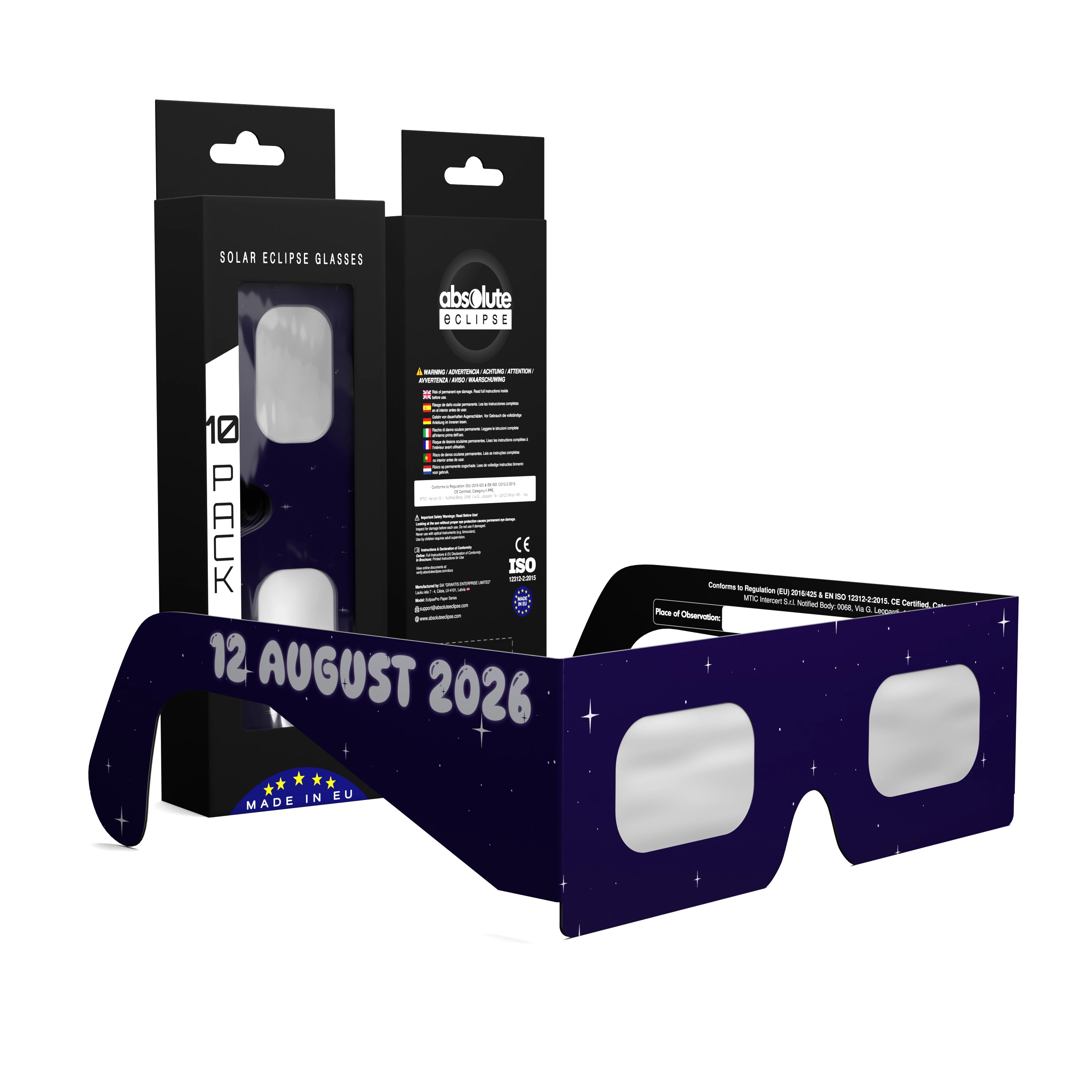 Solar Eclipse Glasses with Rocketrider design, CE Certified and ISO Compliant - Packaging Image of 10-Pack