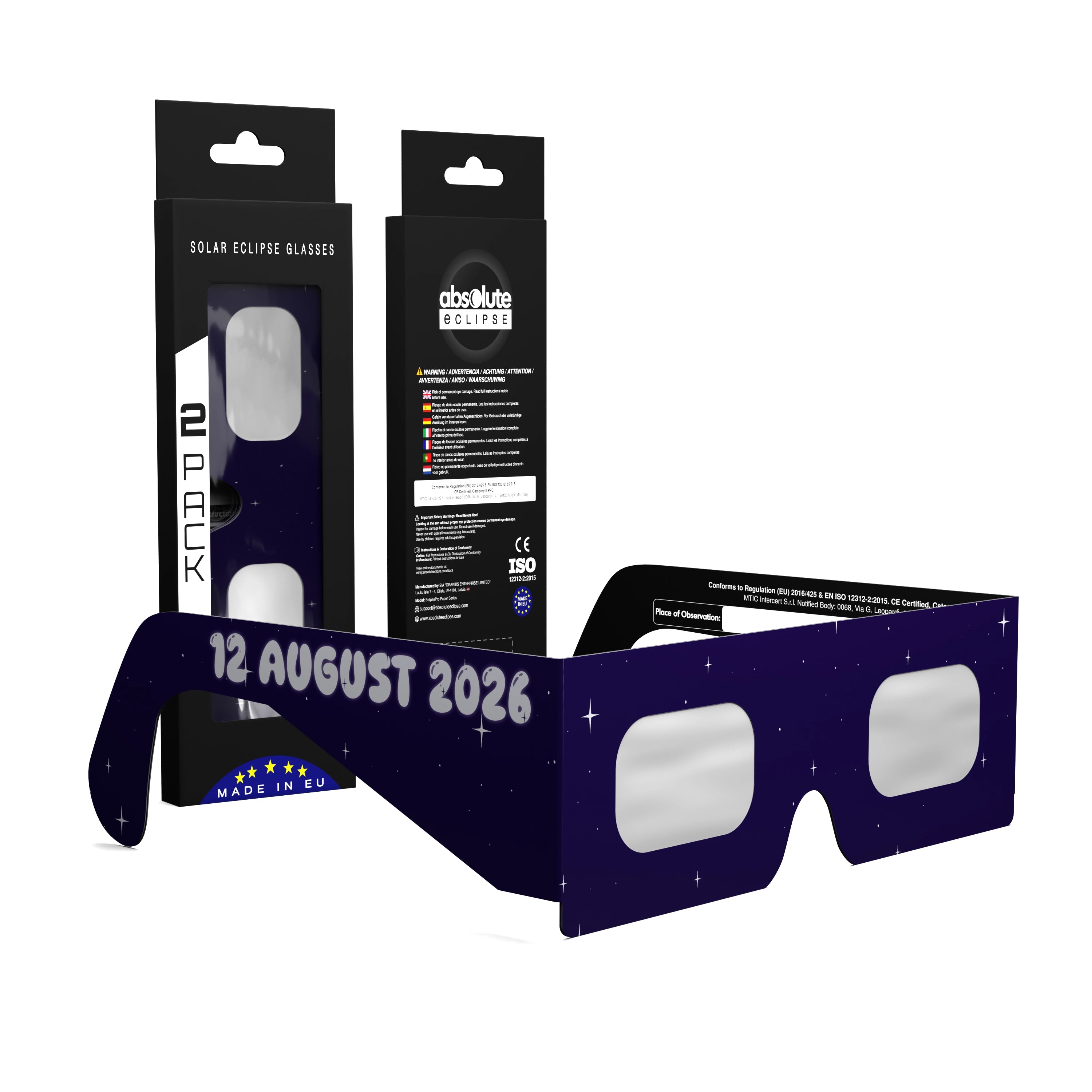 Solar Eclipse Glasses with Rocketrider design, CE Certified and ISO Compliant - Packaging Image of 2-Pack