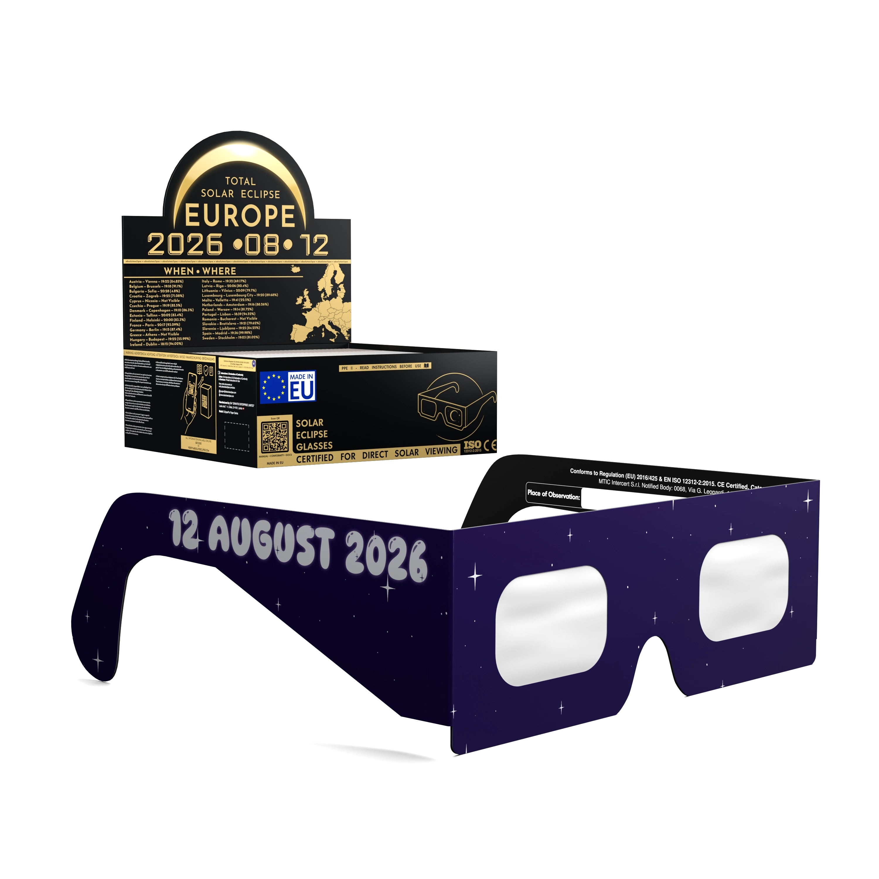 Solar Eclipse Glasses with Rocketrider design, CE Certified and ISO Compliant - Packaging Image of 50-Pack