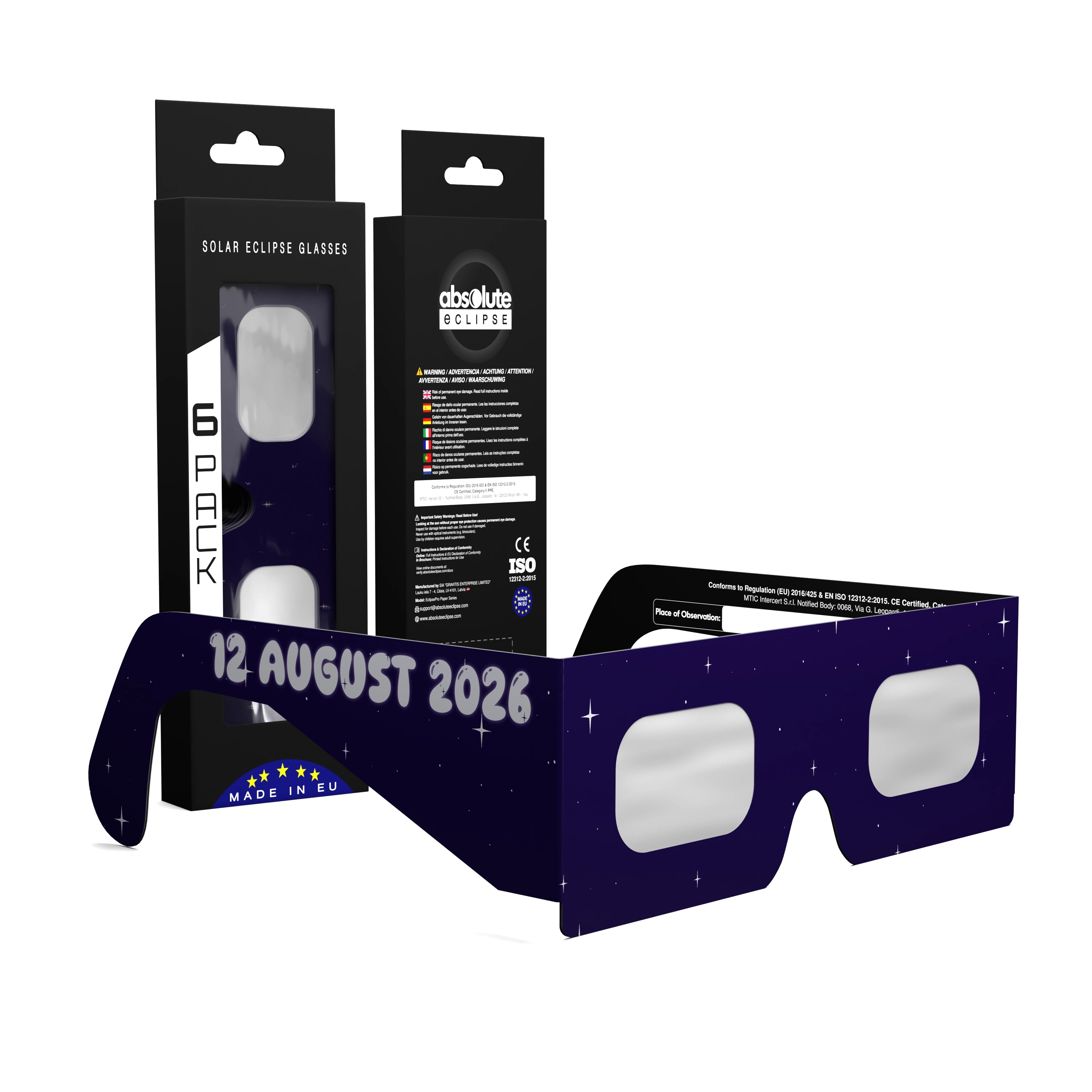 Solar Eclipse Glasses with Rocketrider design, CE Certified and ISO Compliant - Packaging Image of 6-Pack