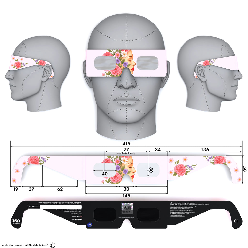 Solar Eclipse Glasses with Rosette design, CE Certified and ISO Compliant - Back and Front View