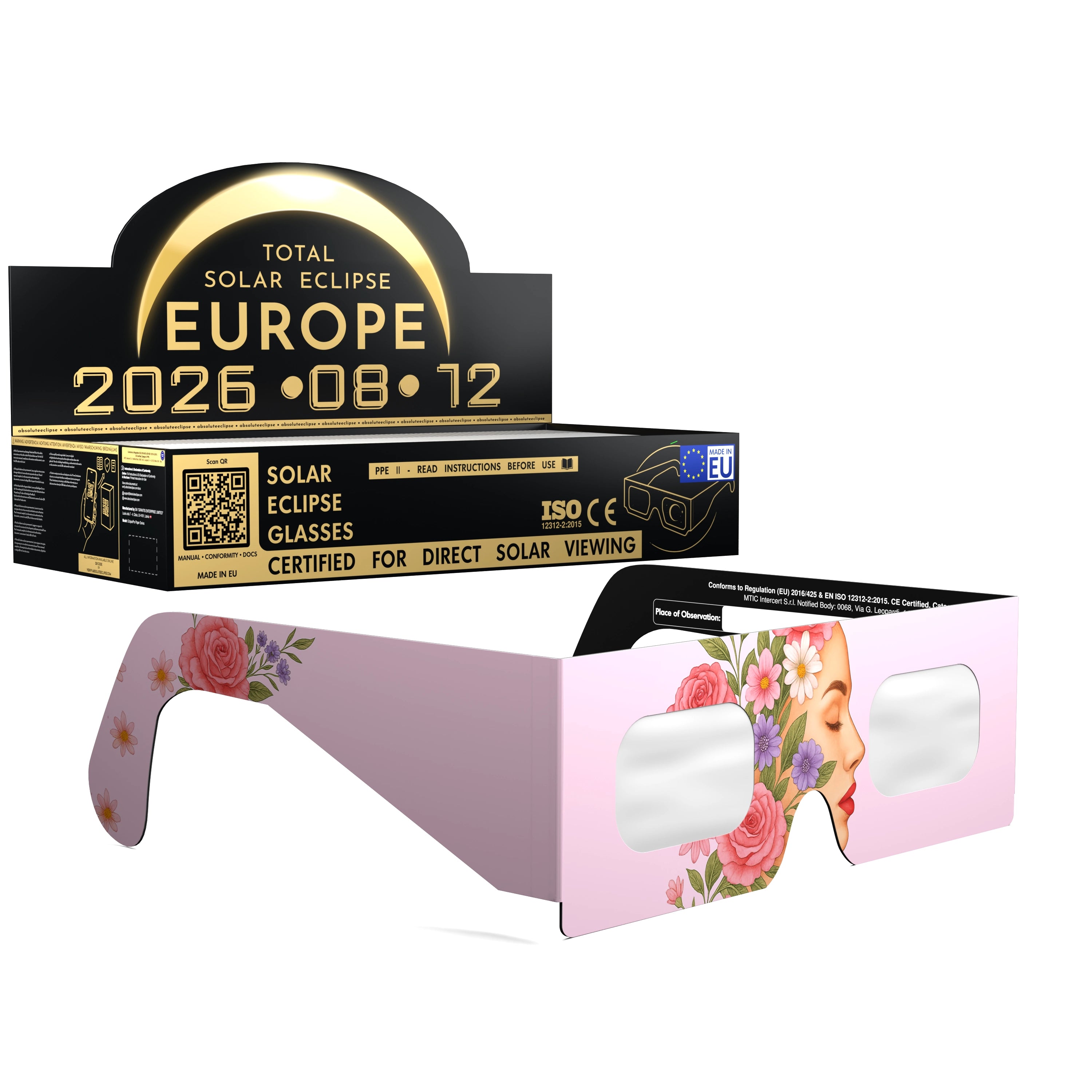 Solar Eclipse Glasses with Rosette design, CE Certified and ISO Compliant - Packaging Image of 100-Pack