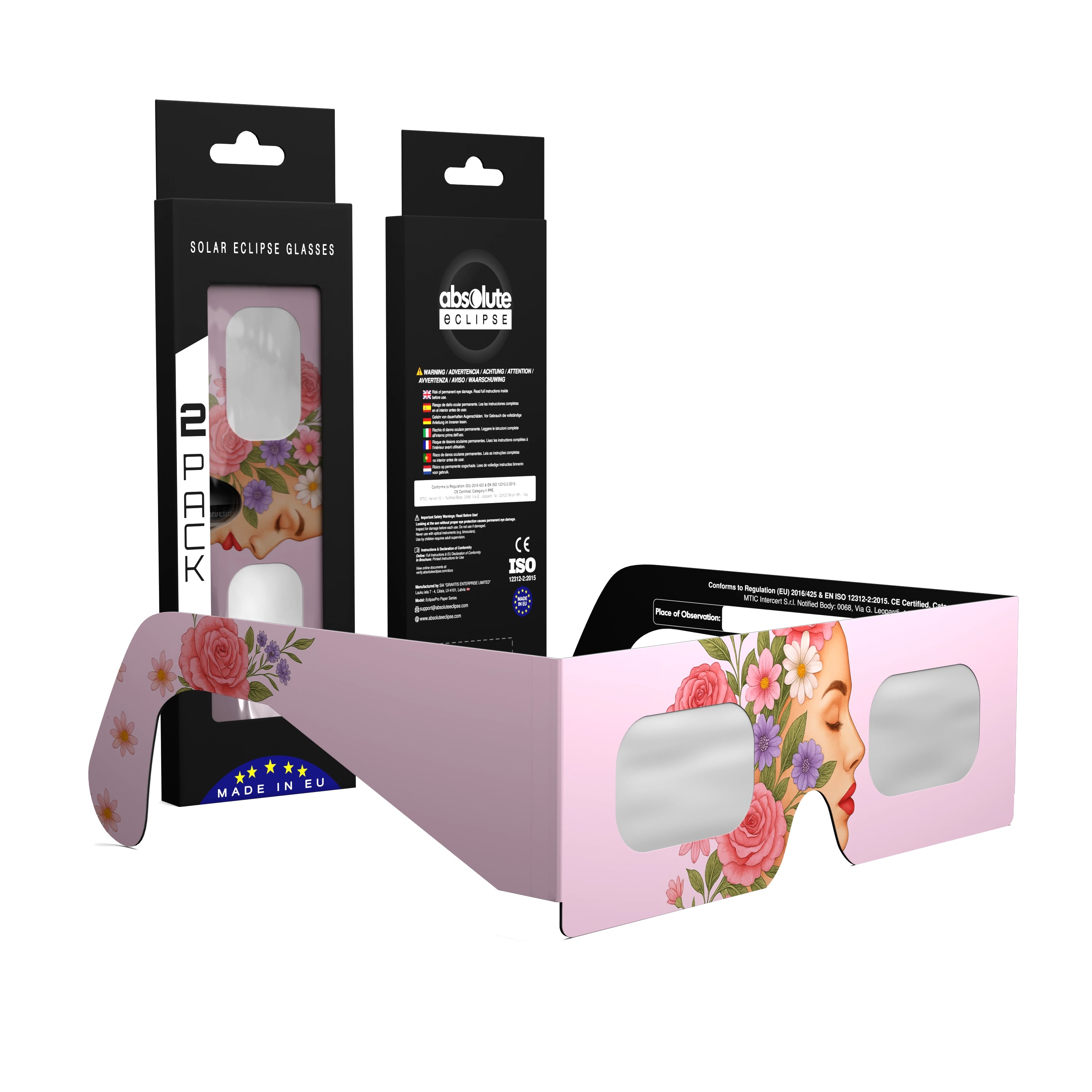 Solar Eclipse Glasses with Rosette design, CE Certified and ISO Compliant - Packaging Image of 2-Pack
