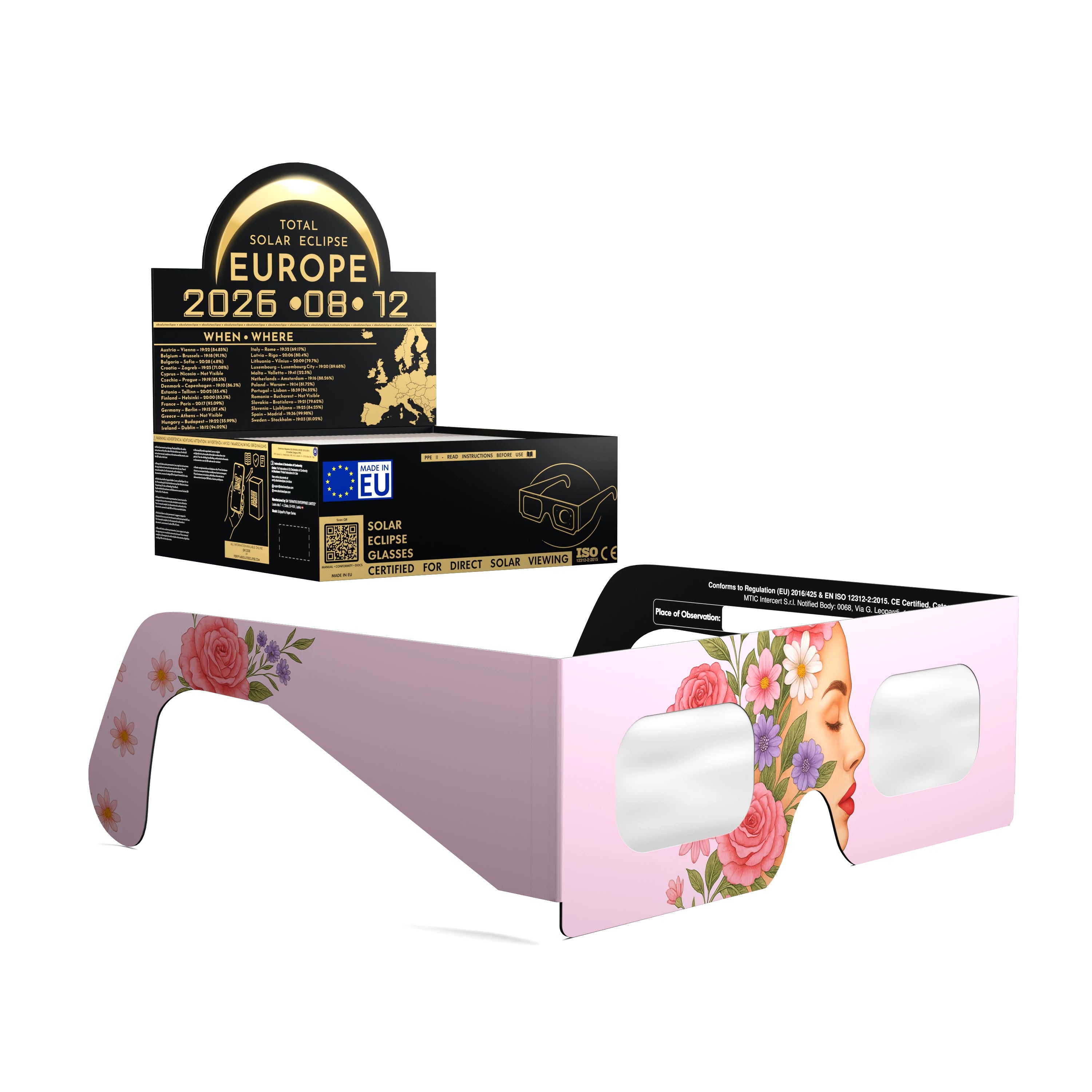 Solar Eclipse Glasses with Rosette design, CE Certified and ISO Compliant - Packaging Image of 50-Pack