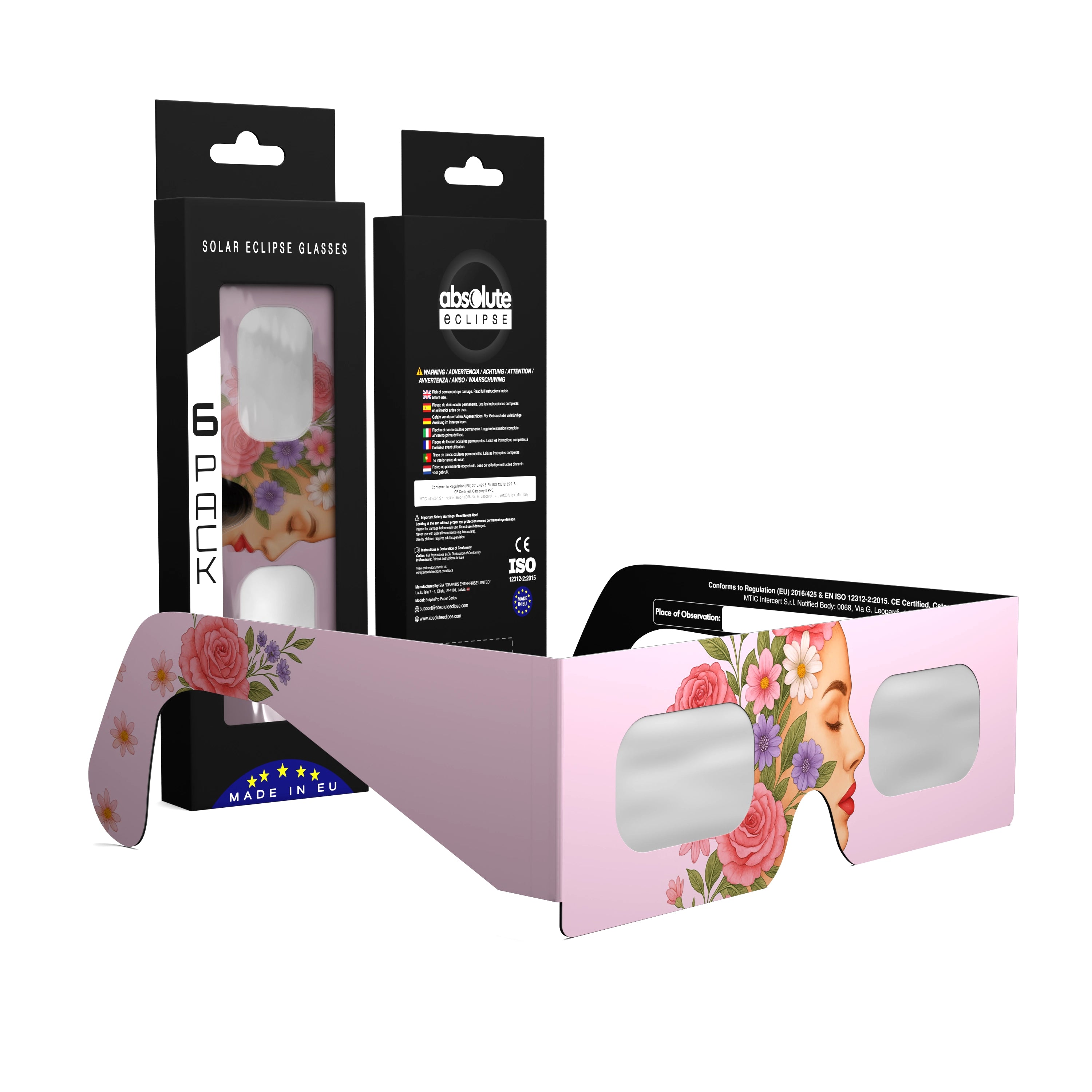 Solar Eclipse Glasses with Rosette design, CE Certified and ISO Compliant - Packaging Image of 6-Pack