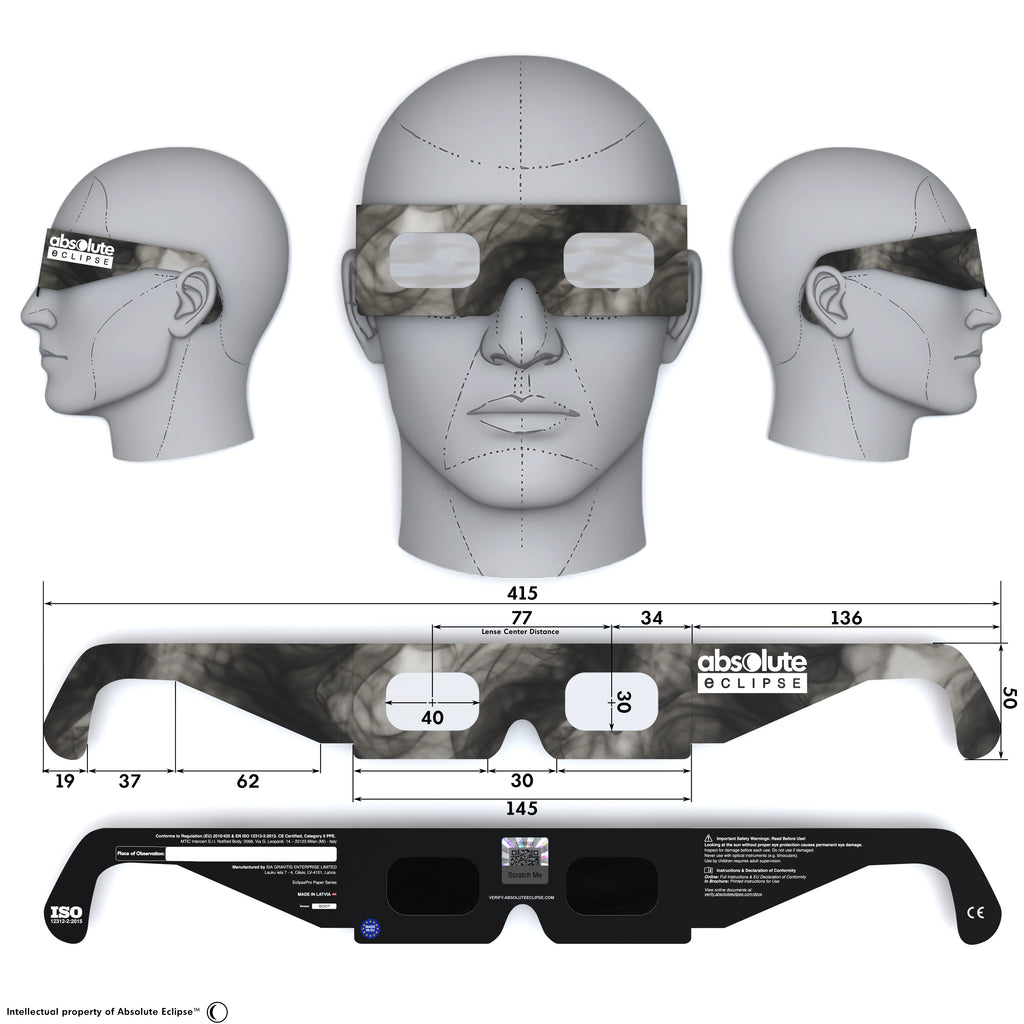 Solar Eclipse Glasses with Soot design, CE Certified and ISO Compliant - Back and Front View