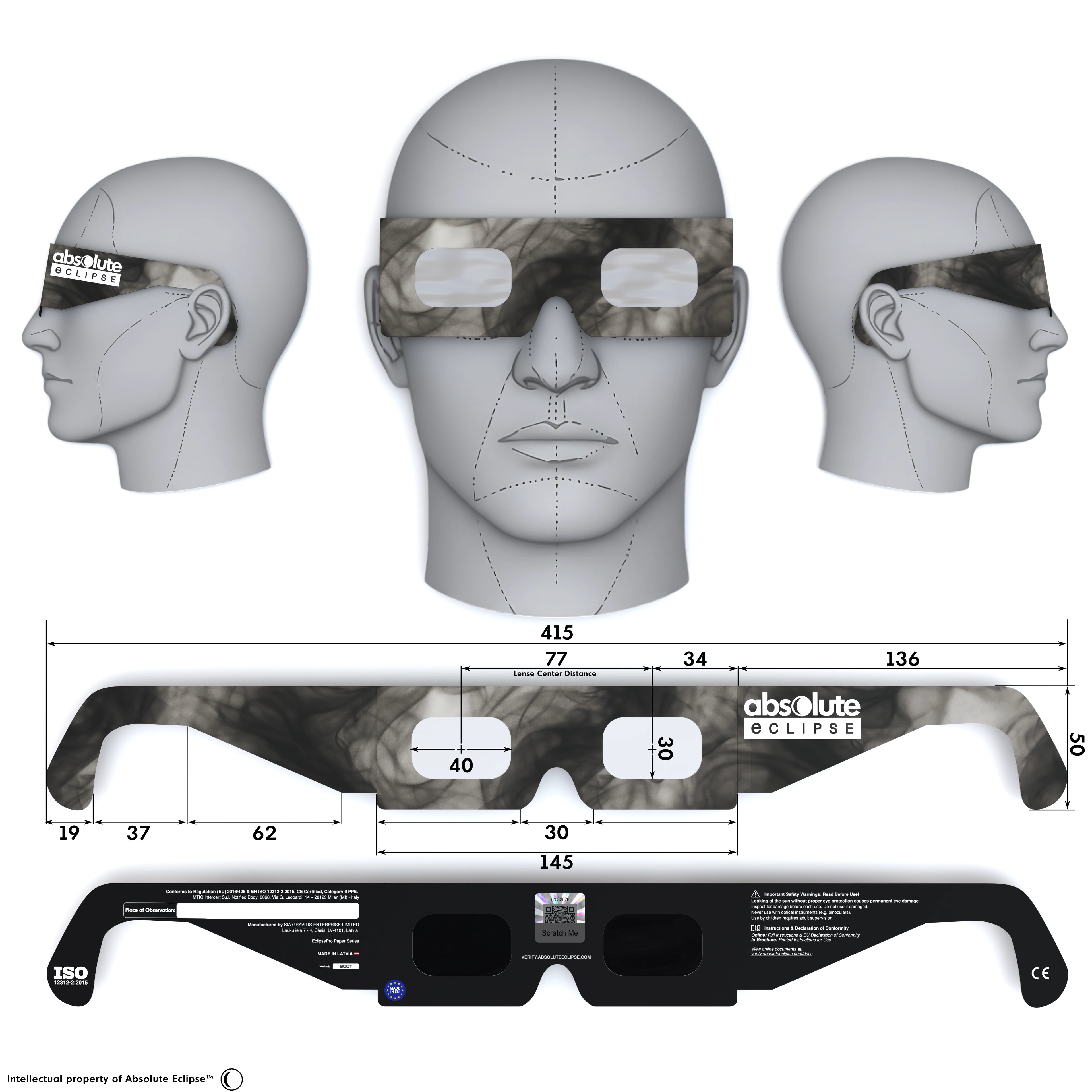 Solar Eclipse Glasses with Soot design, CE Certified and ISO Compliant - Back and Front View