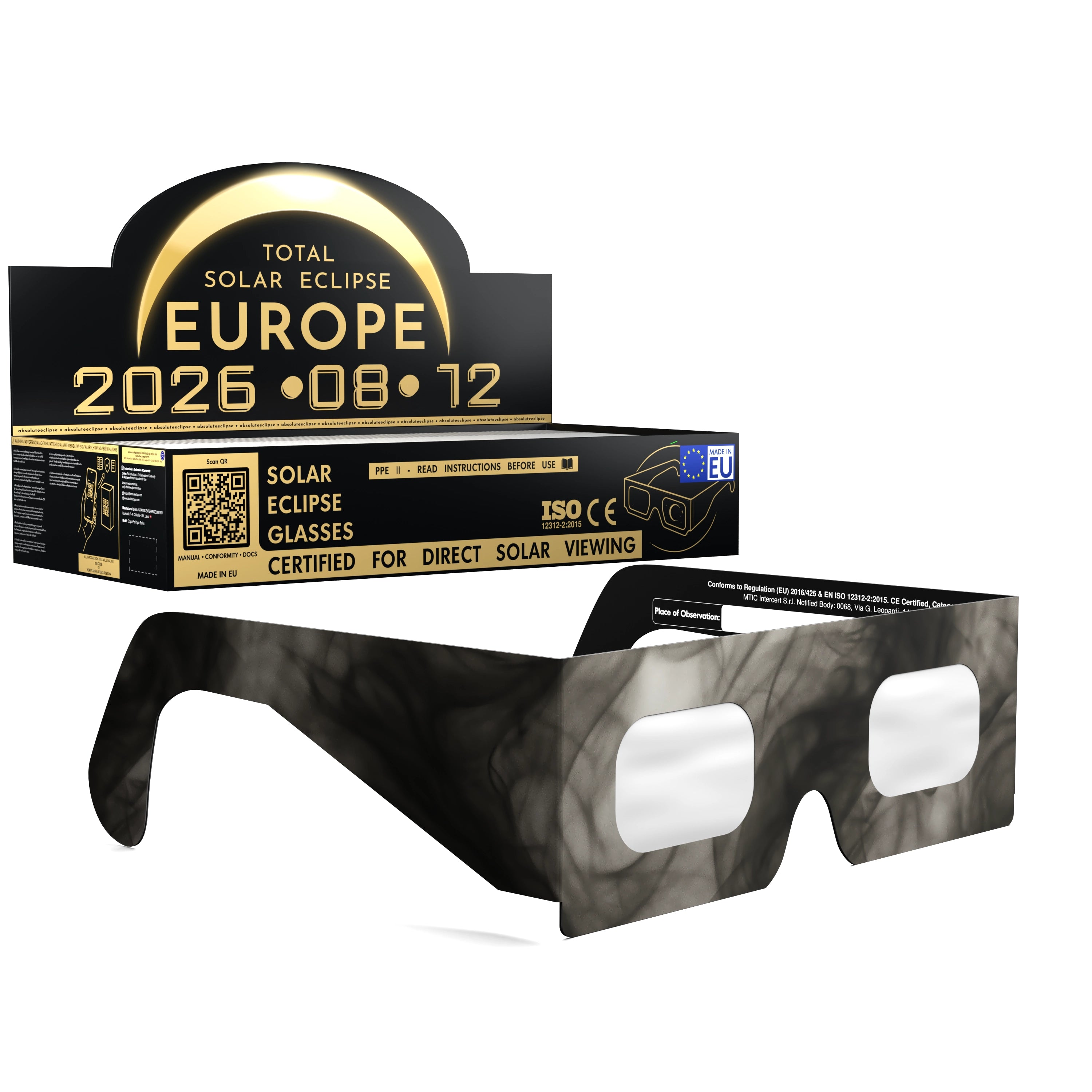 Solar Eclipse Glasses with Soot design, CE Certified and ISO Compliant - Packaging Image of 100-Pack