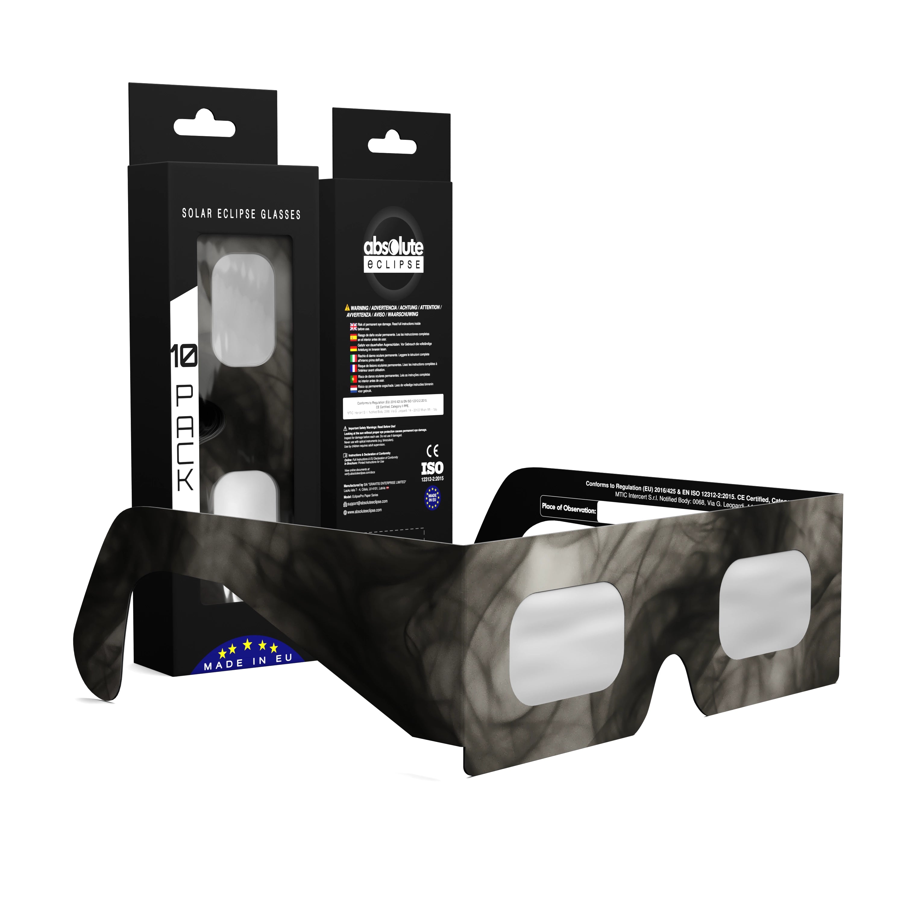 Solar Eclipse Glasses with Soot design, CE Certified and ISO Compliant - Packaging Image of 10-Pack