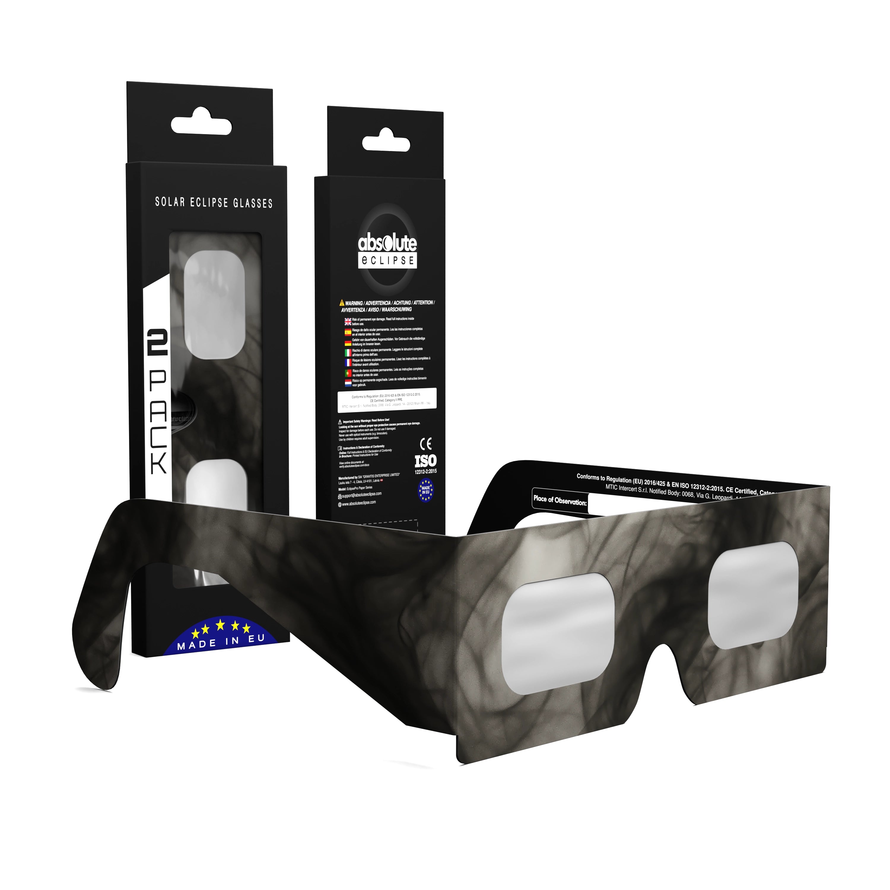 Solar Eclipse Glasses with Soot design, CE Certified and ISO Compliant - Packaging Image of 2-Pack