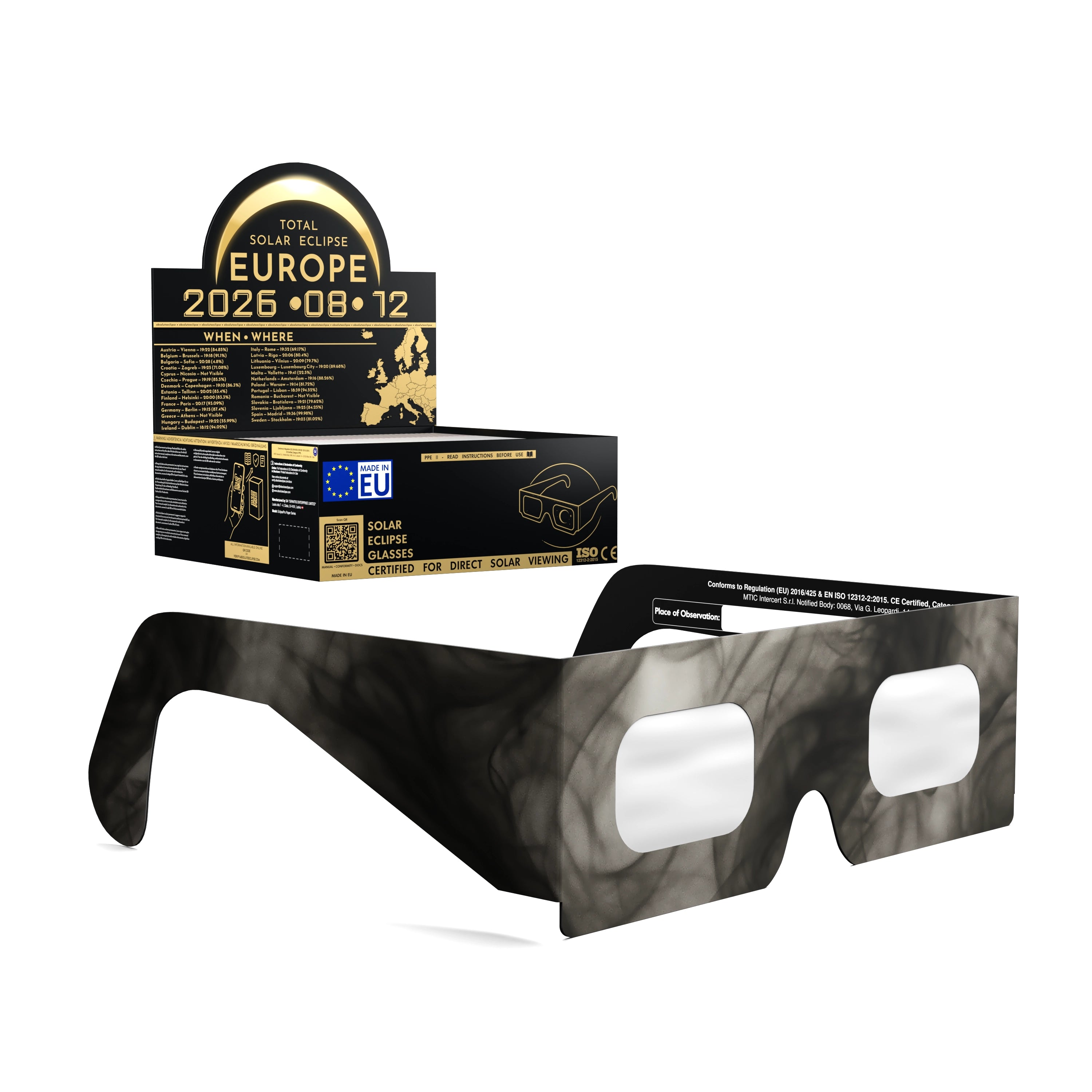 Solar Eclipse Glasses with Soot design, CE Certified and ISO Compliant - Packaging Image of 50-Pack