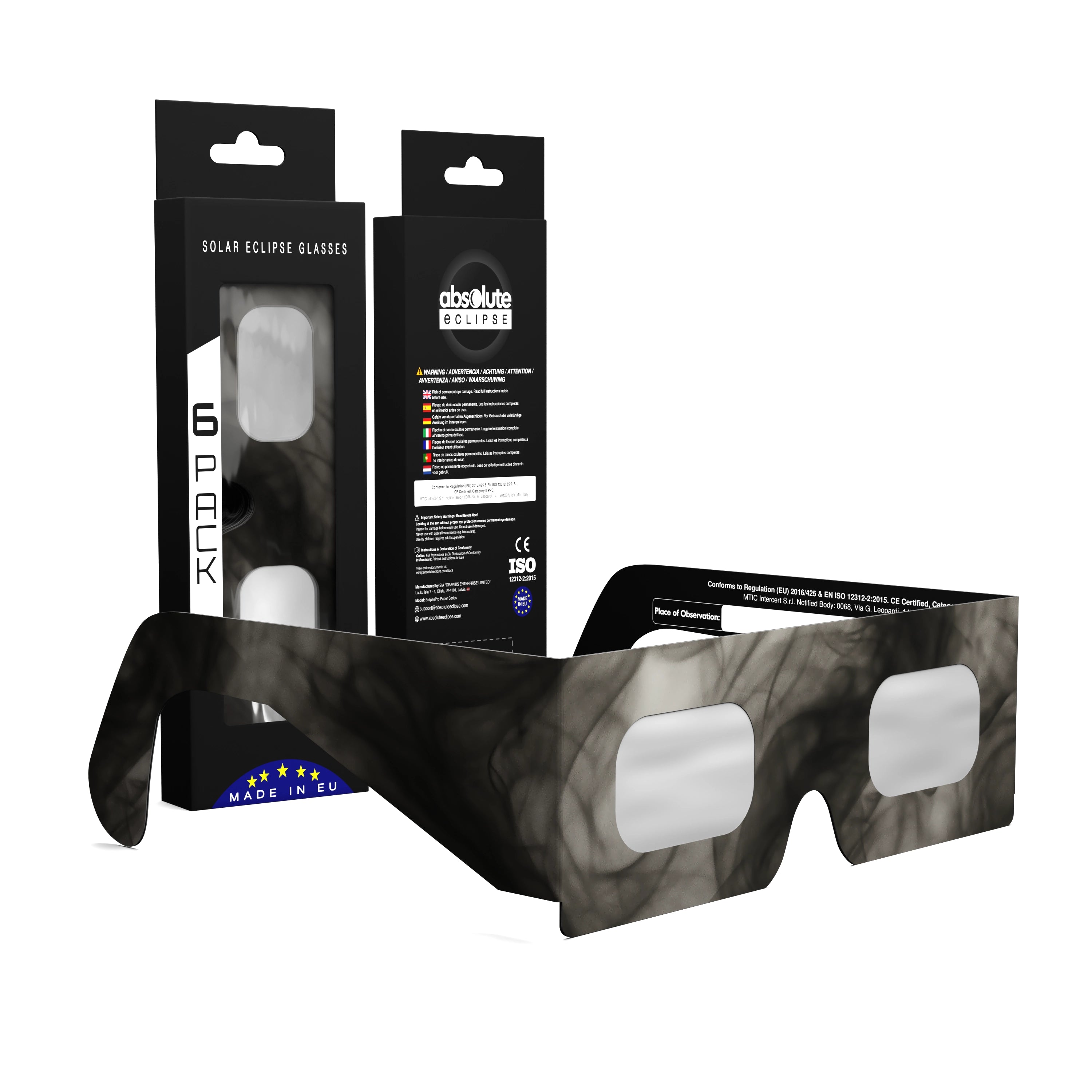 Solar Eclipse Glasses with Soot design, CE Certified and ISO Compliant - Packaging Image of 6-Pack