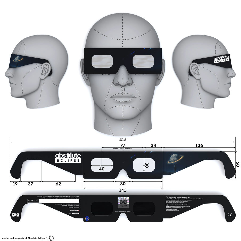 Solar Eclipse Glasses with Stranded design, CE Certified and ISO Compliant - Back and Front View