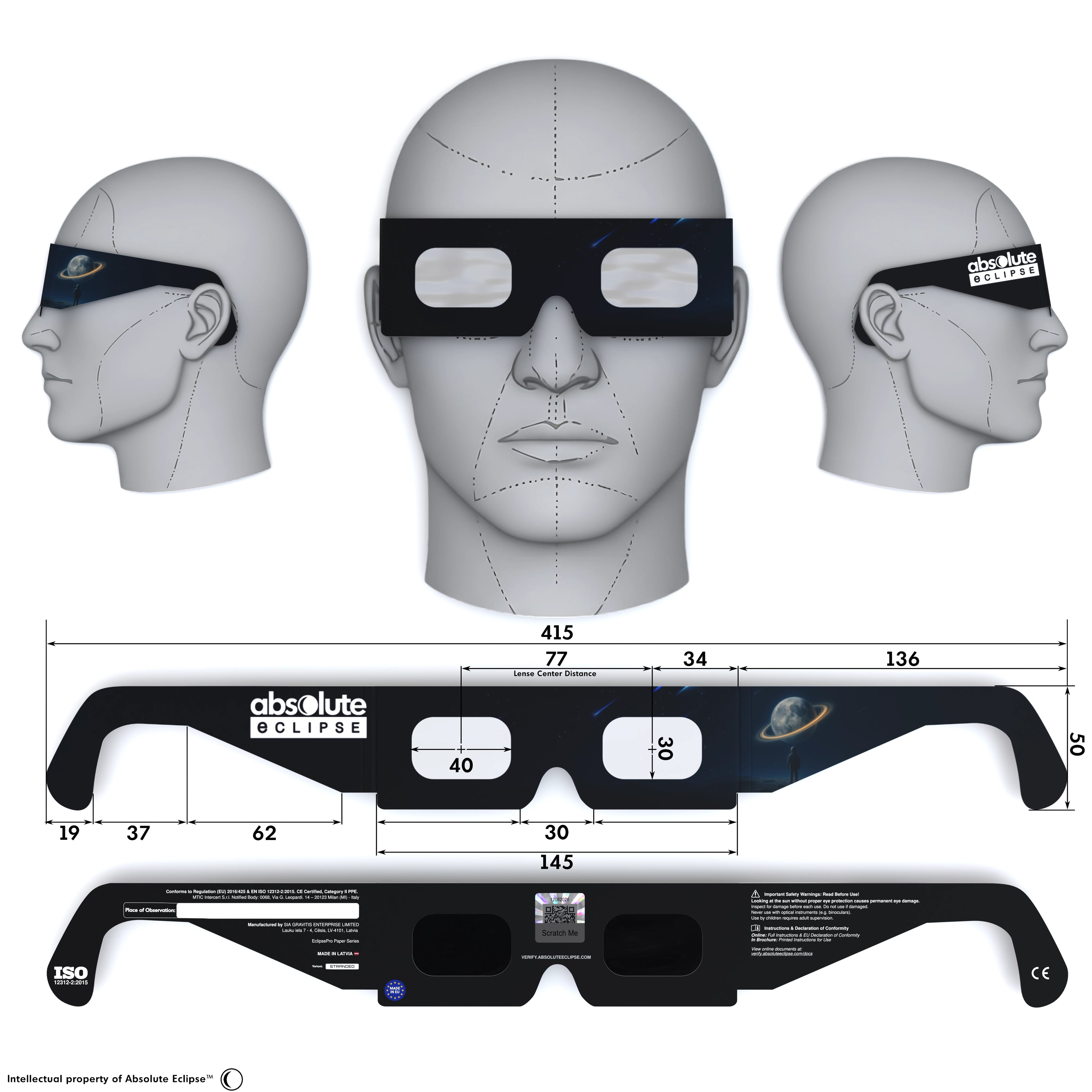 Solar Eclipse Glasses with Stranded design, CE Certified and ISO Compliant - Back and Front View