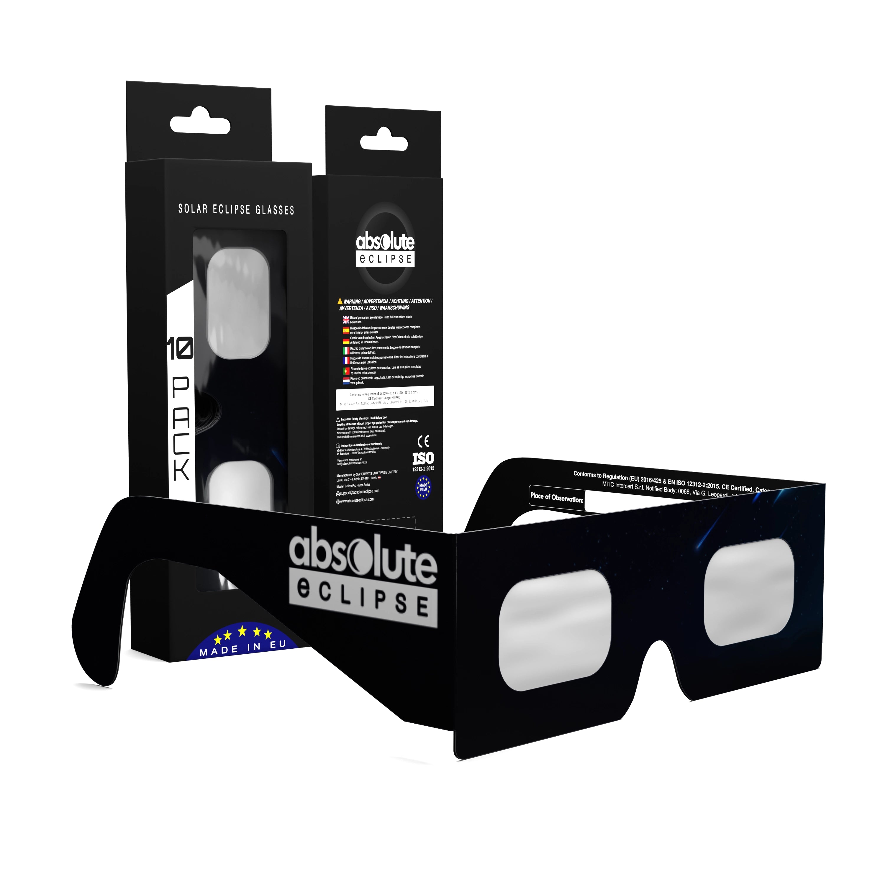 Solar Eclipse Glasses with Stranded design, CE Certified and ISO Compliant - Packaging Image of 10-Pack