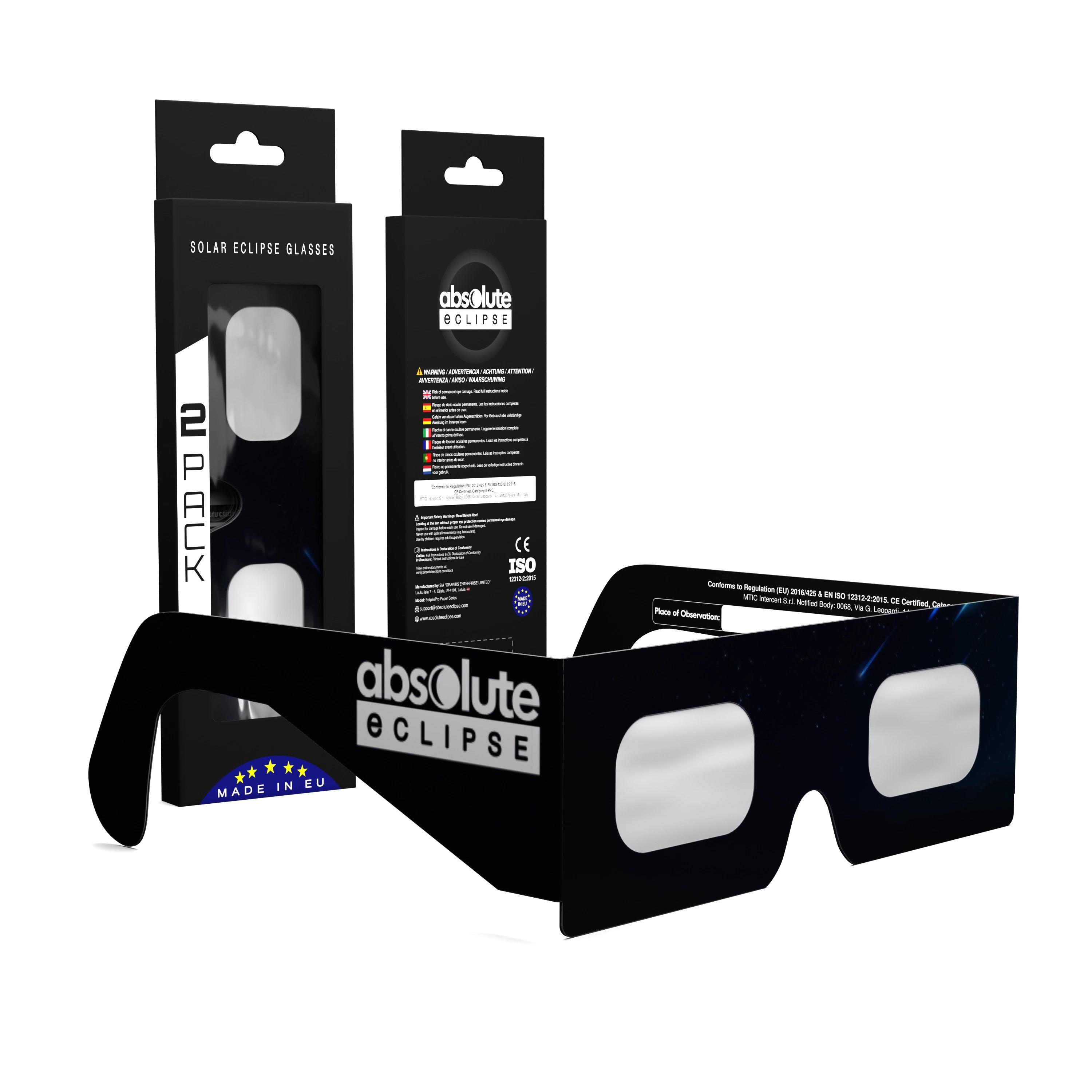 Solar Eclipse Glasses with Stranded design, CE Certified and ISO Compliant - Packaging Image of 2-Pack