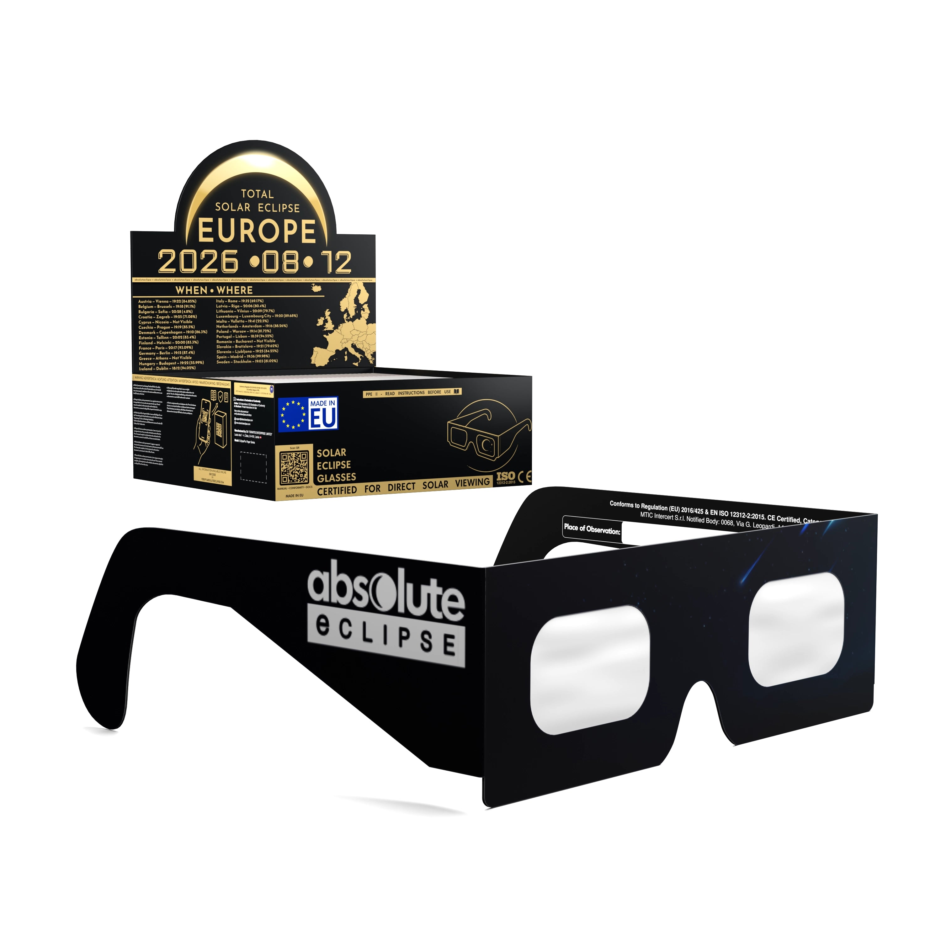 Solar Eclipse Glasses with Stranded design, CE Certified and ISO Compliant - Packaging Image of 50-Pack