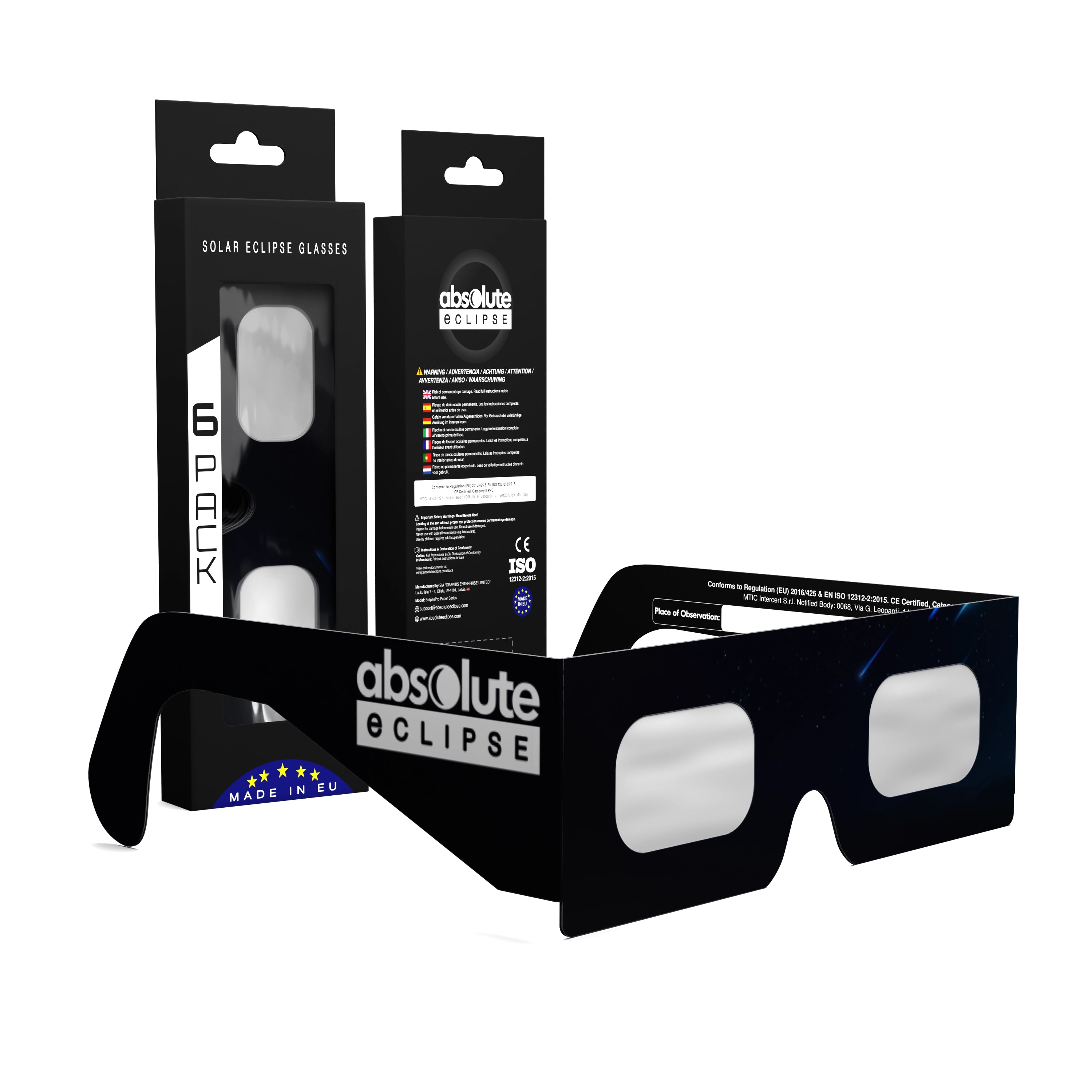 Solar Eclipse Glasses with Stranded design, CE Certified and ISO Compliant - Packaging Image of 6-Pack