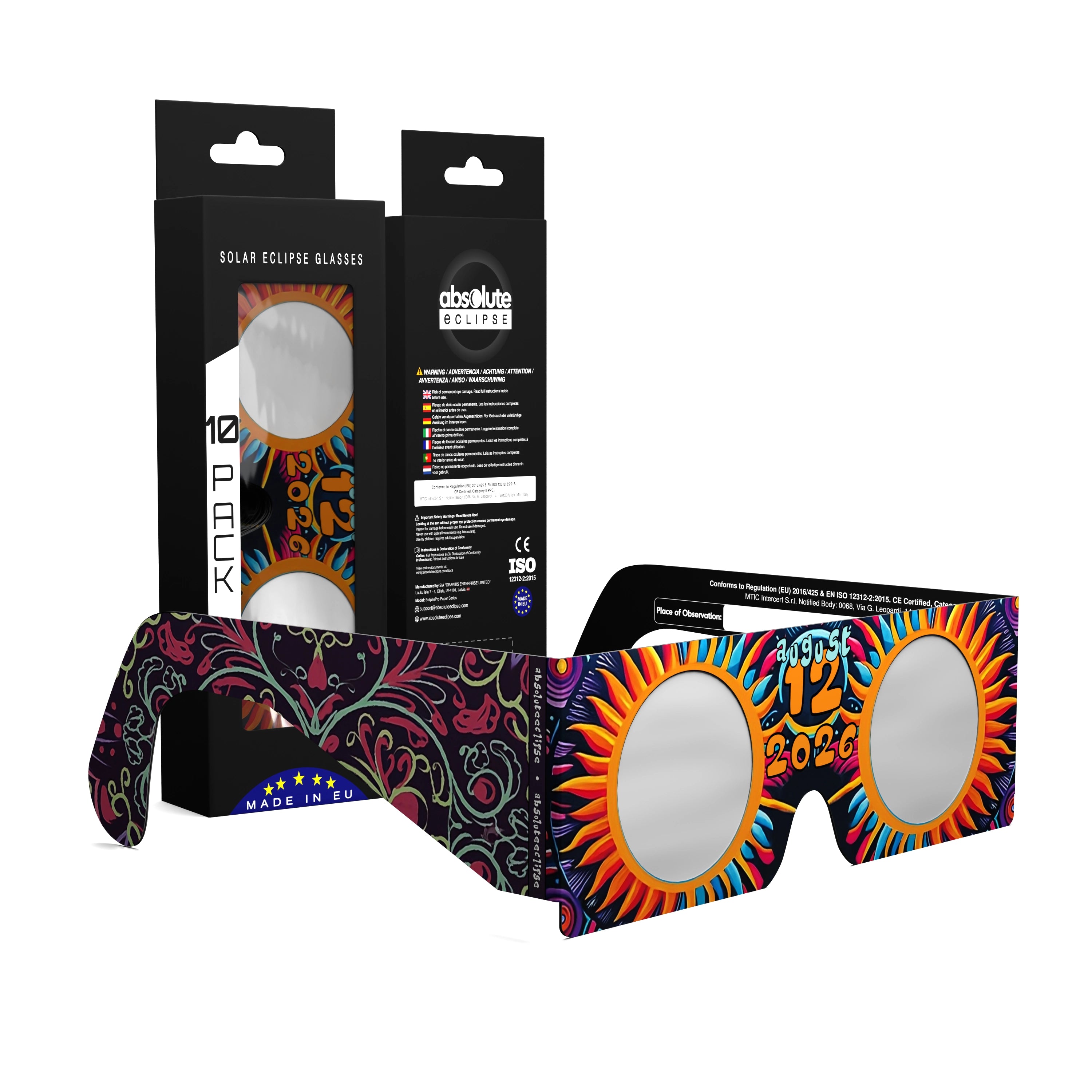 Solar Eclipse Glasses with Sunburst design, CE Certified and ISO Compliant - Packaging Image of 10-Pack