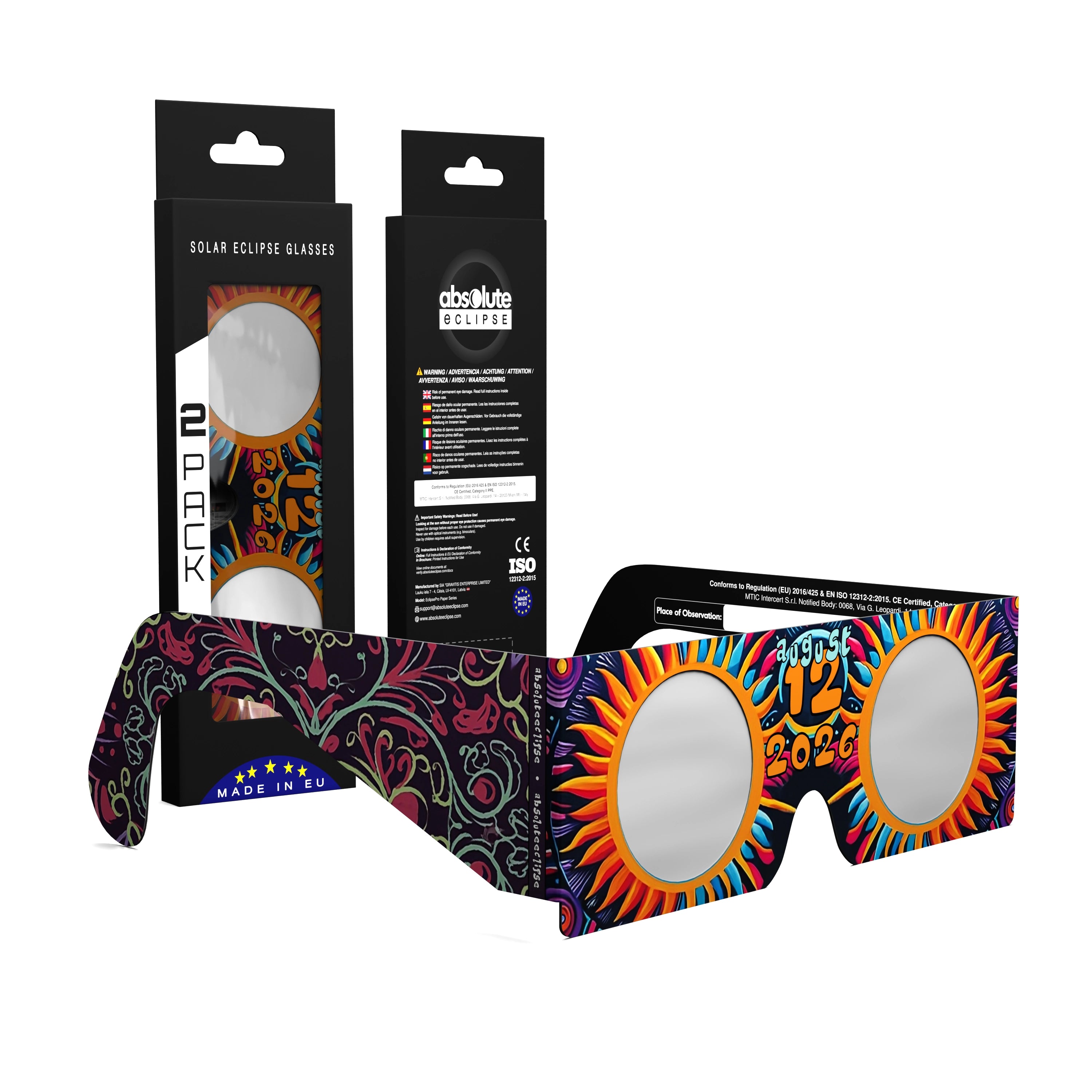 Solar Eclipse Glasses with Sunburst design, CE Certified and ISO Compliant - Packaging Image of 2-Pack