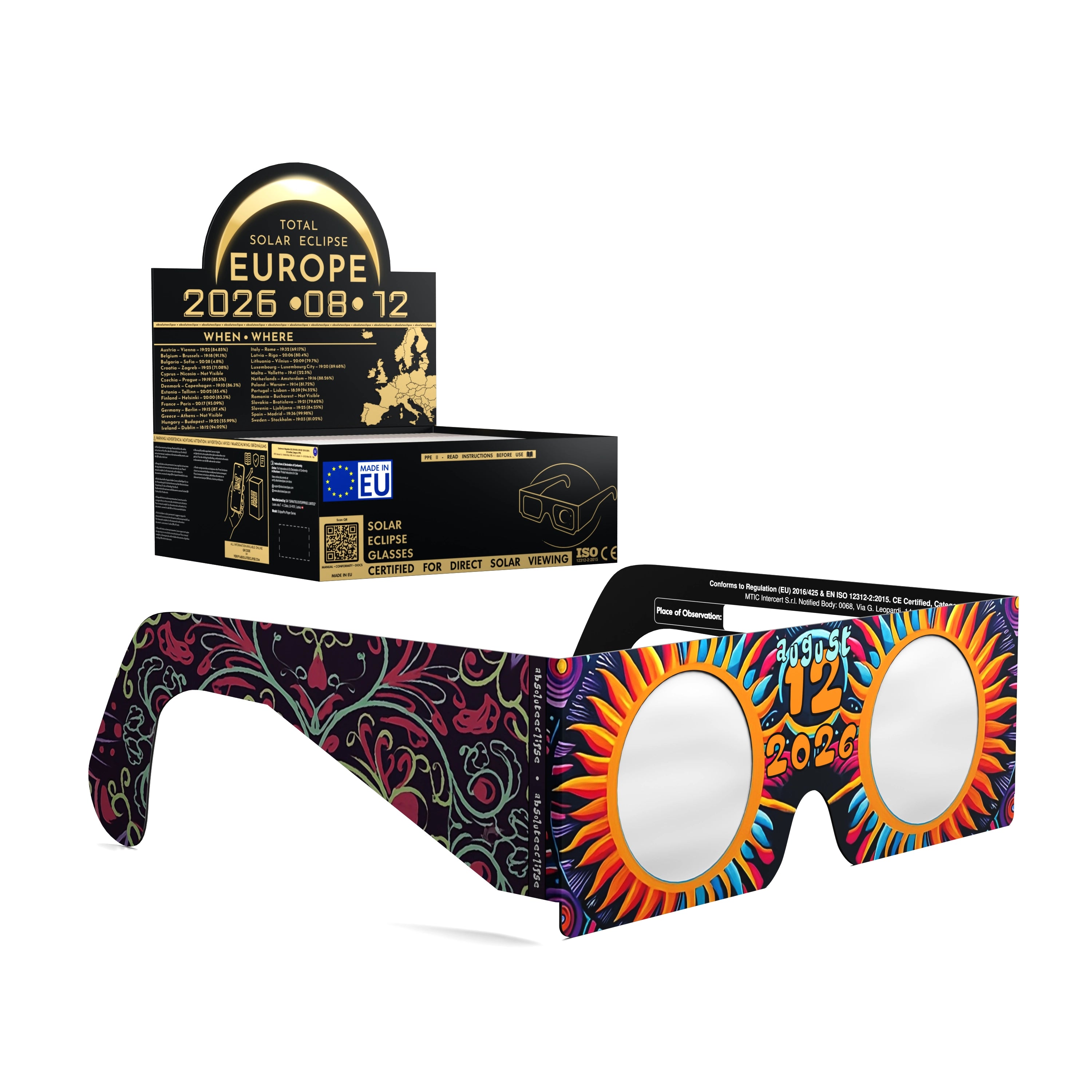 Solar Eclipse Glasses with Sunburst design, CE Certified and ISO Compliant - Packaging Image of 50-Pack