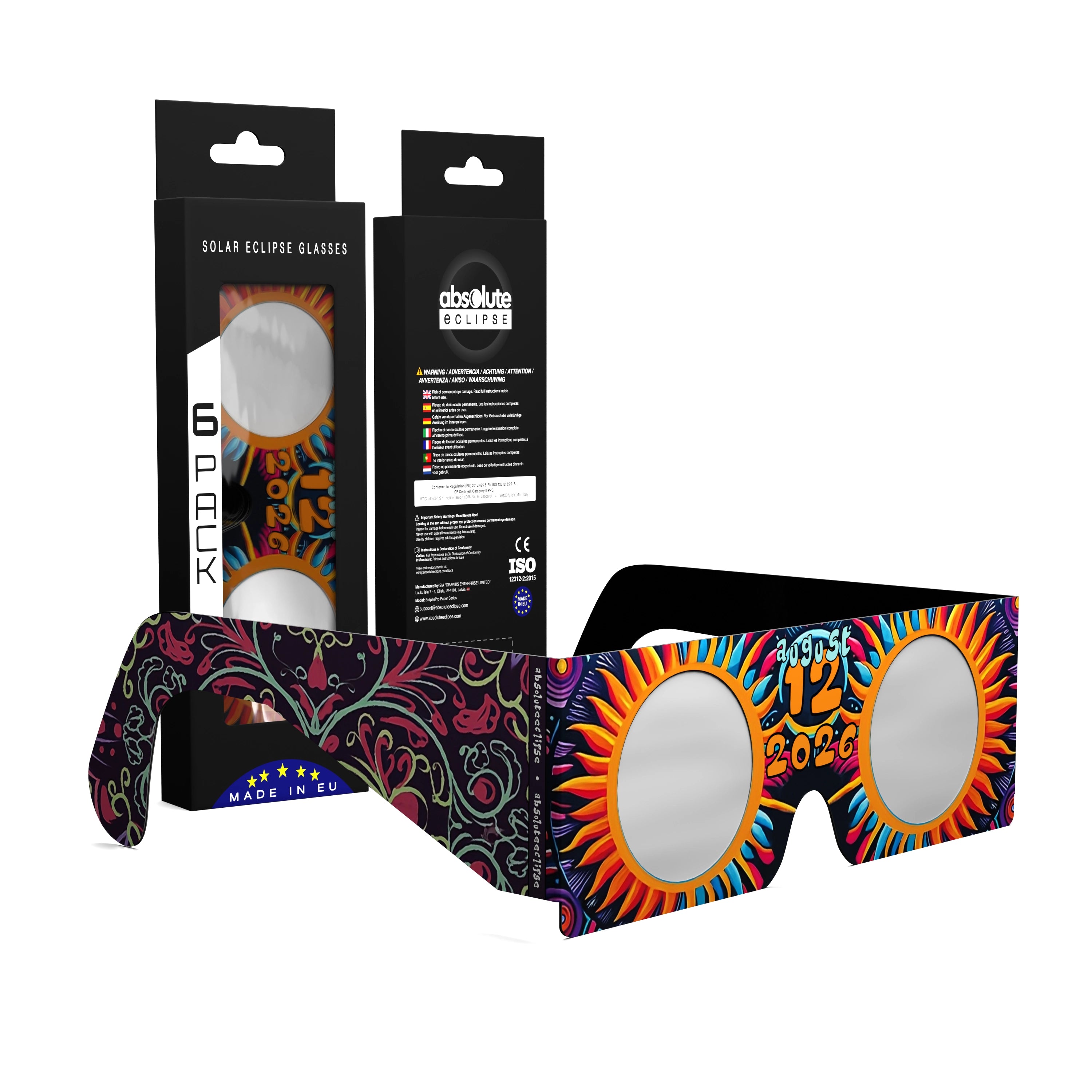 Solar Eclipse Glasses with Sunburst design, CE Certified and ISO Compliant - Packaging Image of 6-Pack