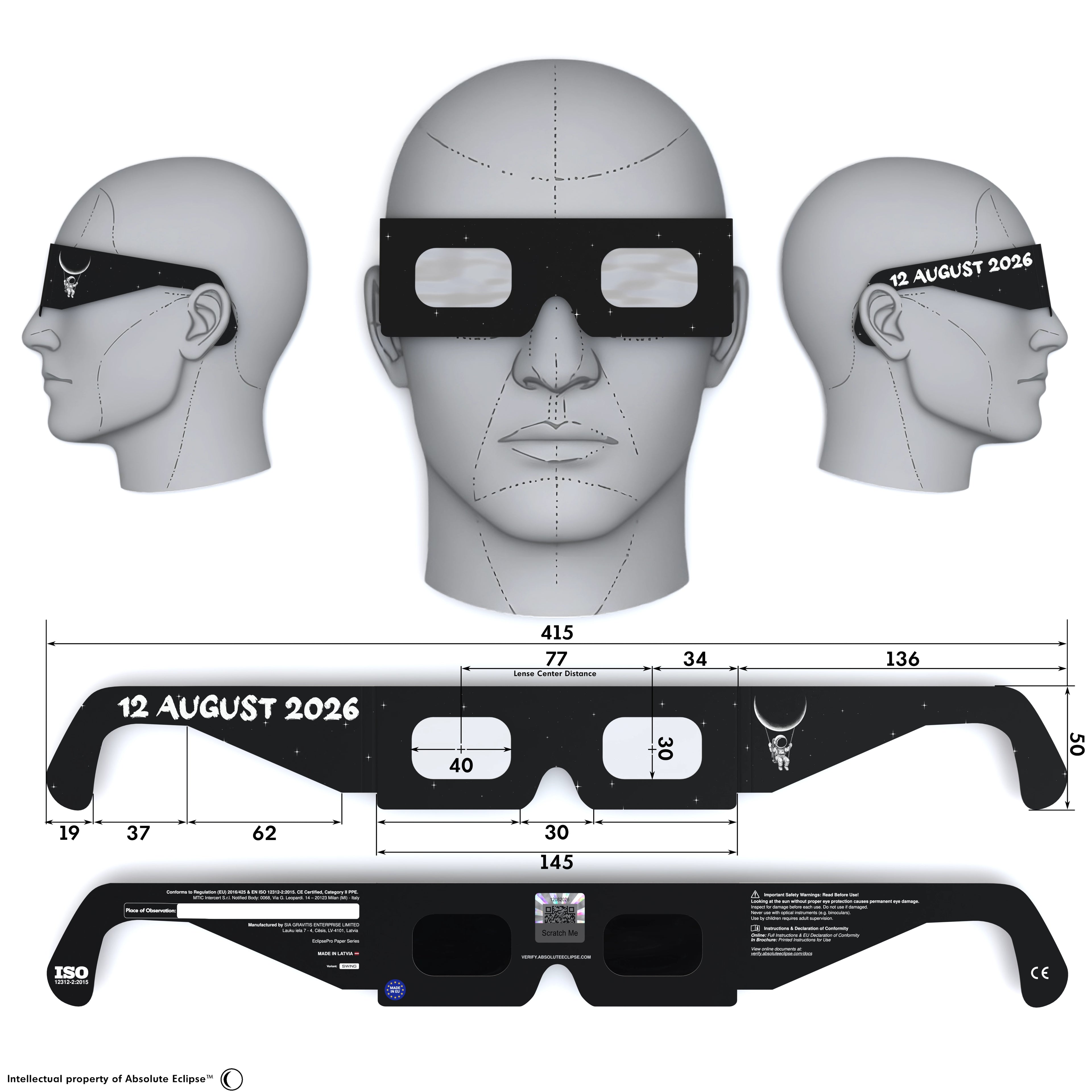 Solar Eclipse Glasses with Swing design, CE Certified and ISO Compliant - Back and Front View