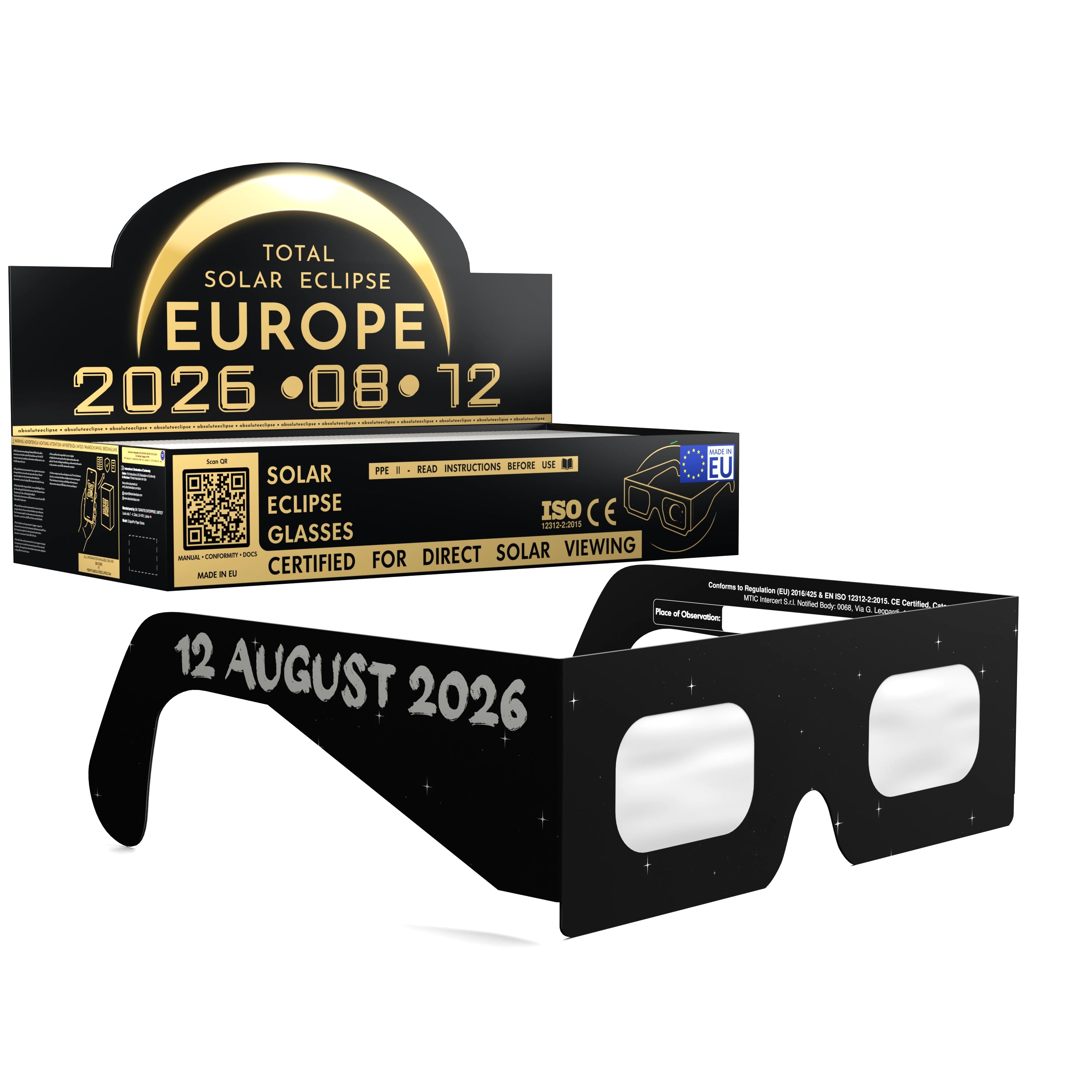 Solar Eclipse Glasses with Swing design, CE Certified and ISO Compliant - Packaging Image of 100-Pack