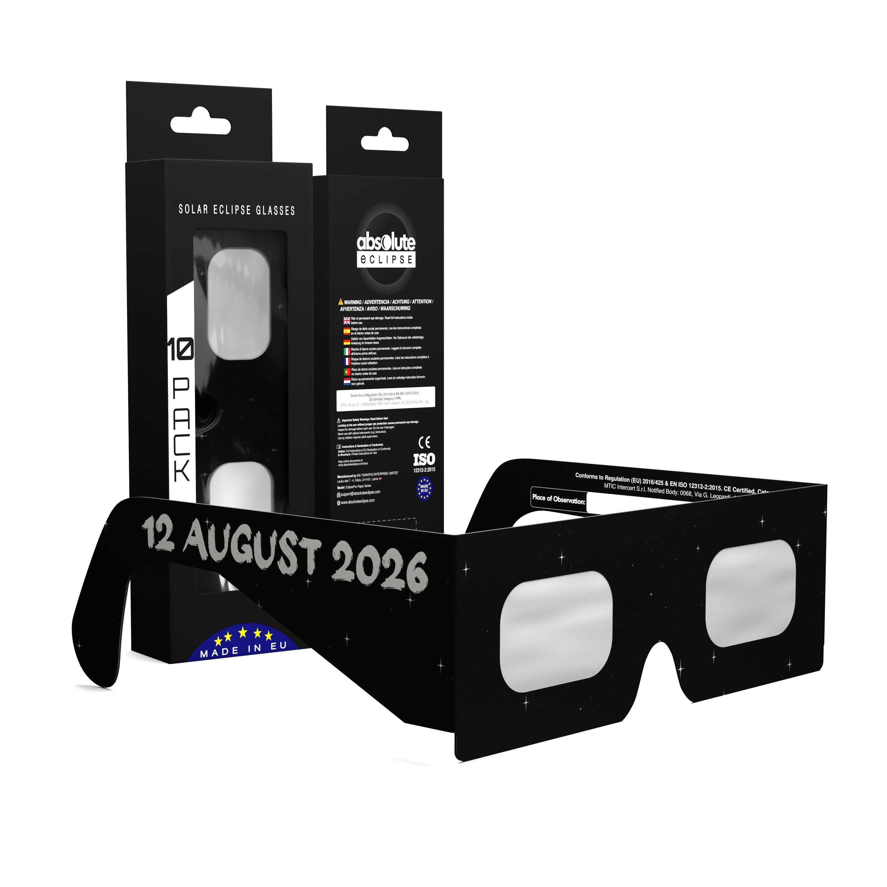 Solar Eclipse Glasses with Swing design, CE Certified and ISO Compliant - Packaging Image of 10-Pack