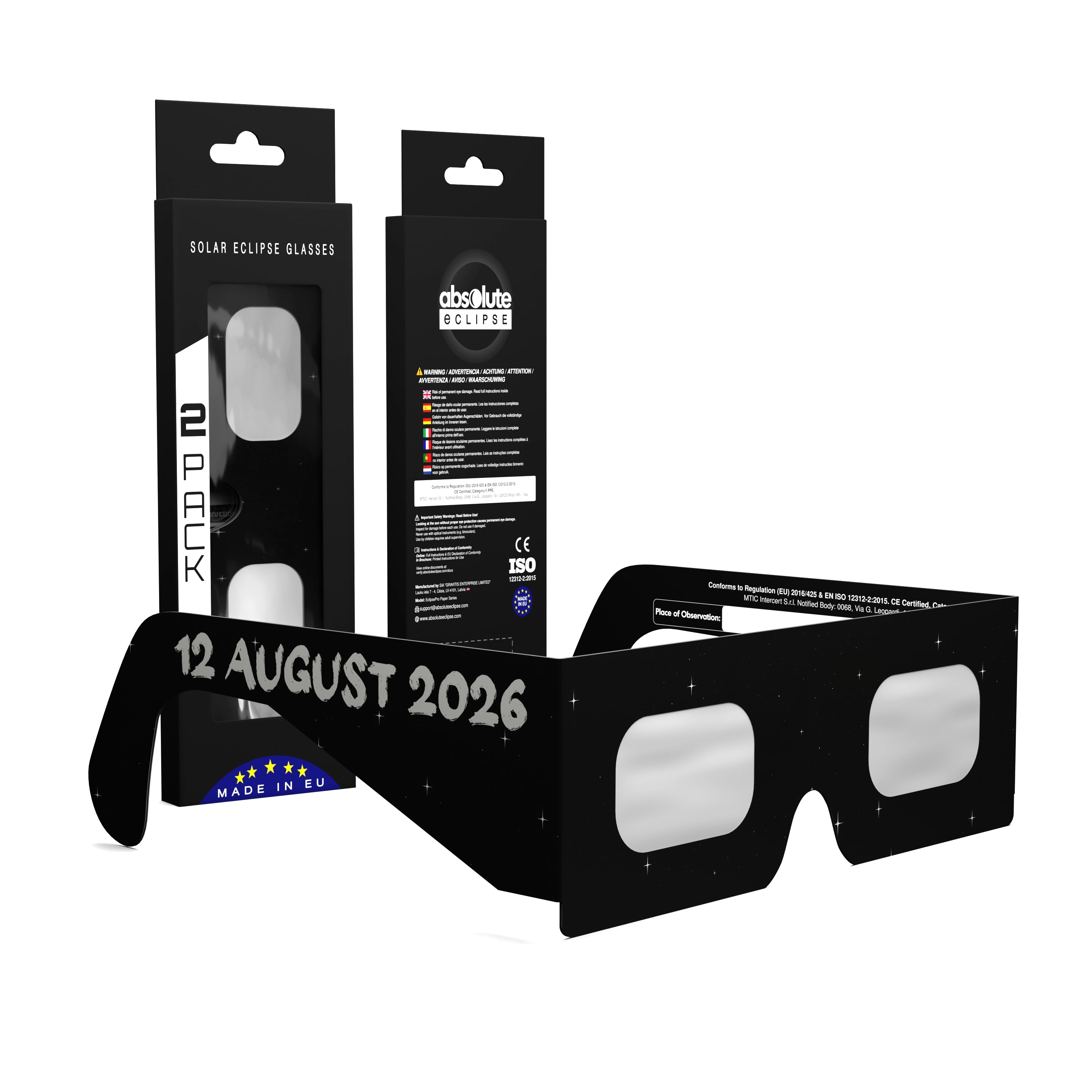 Solar Eclipse Glasses with Swing design, CE Certified and ISO Compliant - Packaging Image of 2-Pack