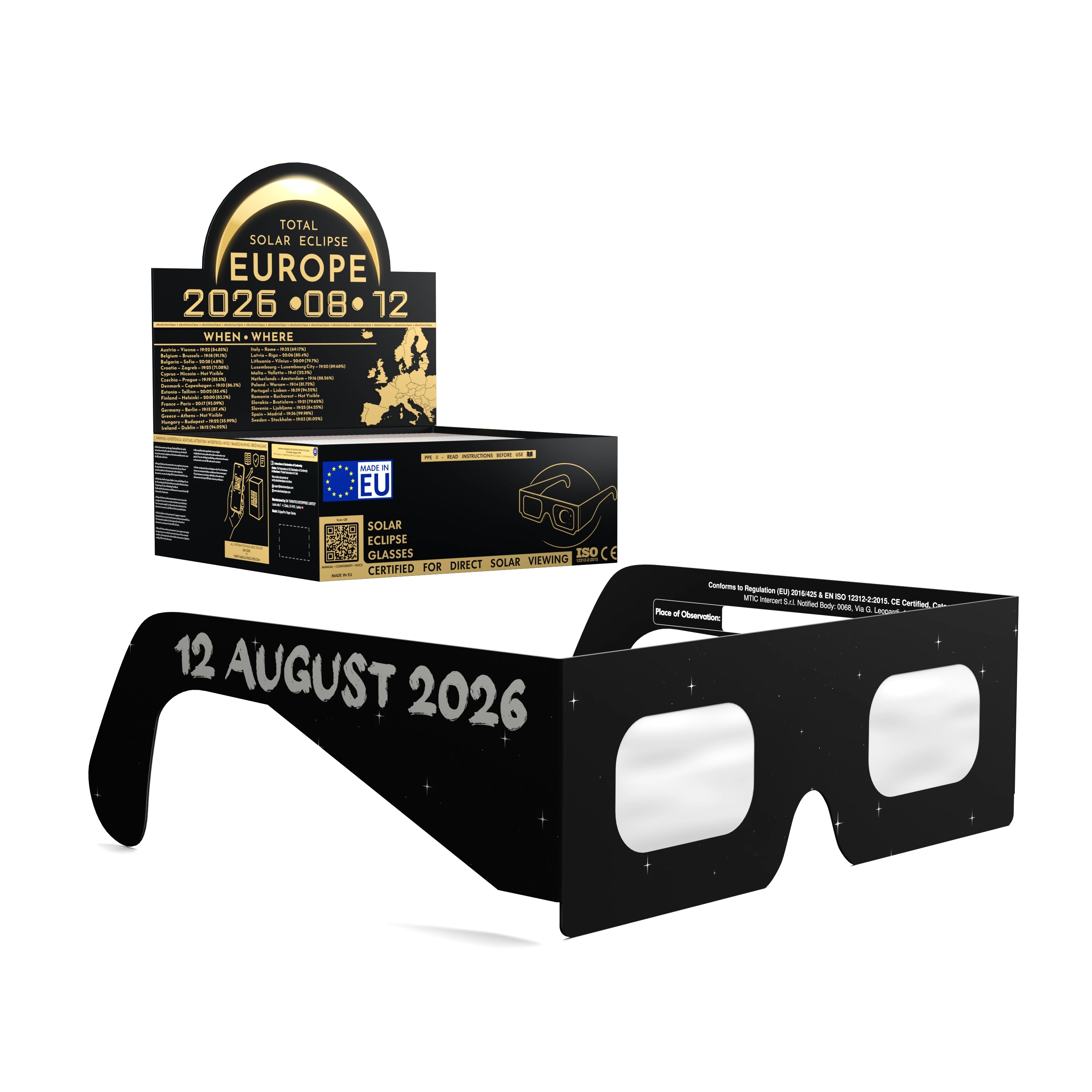 Solar Eclipse Glasses with Swing design, CE Certified and ISO Compliant - Packaging Image of 50-Pack