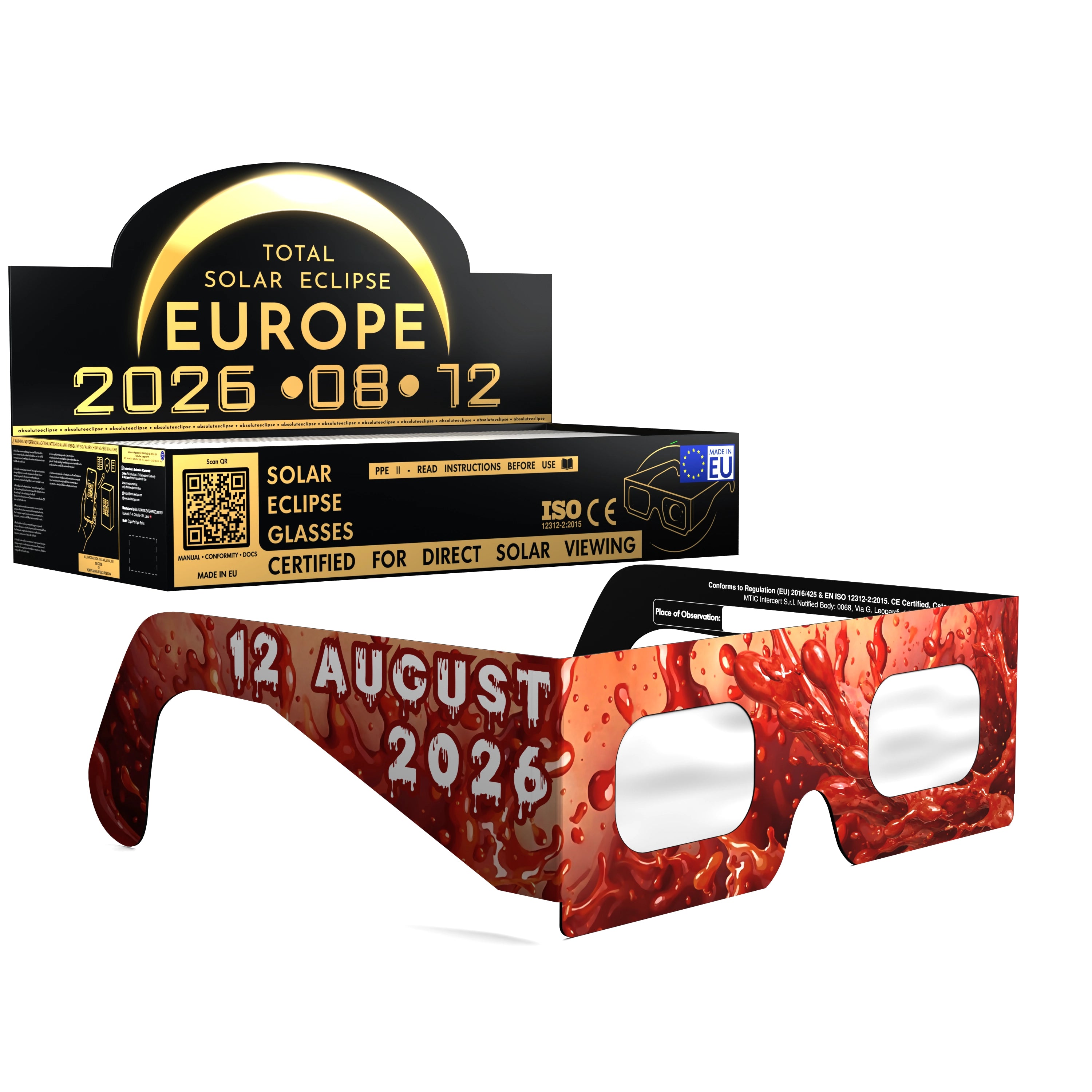 Solar Eclipse Glasses with Tomatina design, CE Certified and ISO Compliant - Packaging Image of 100-Pack