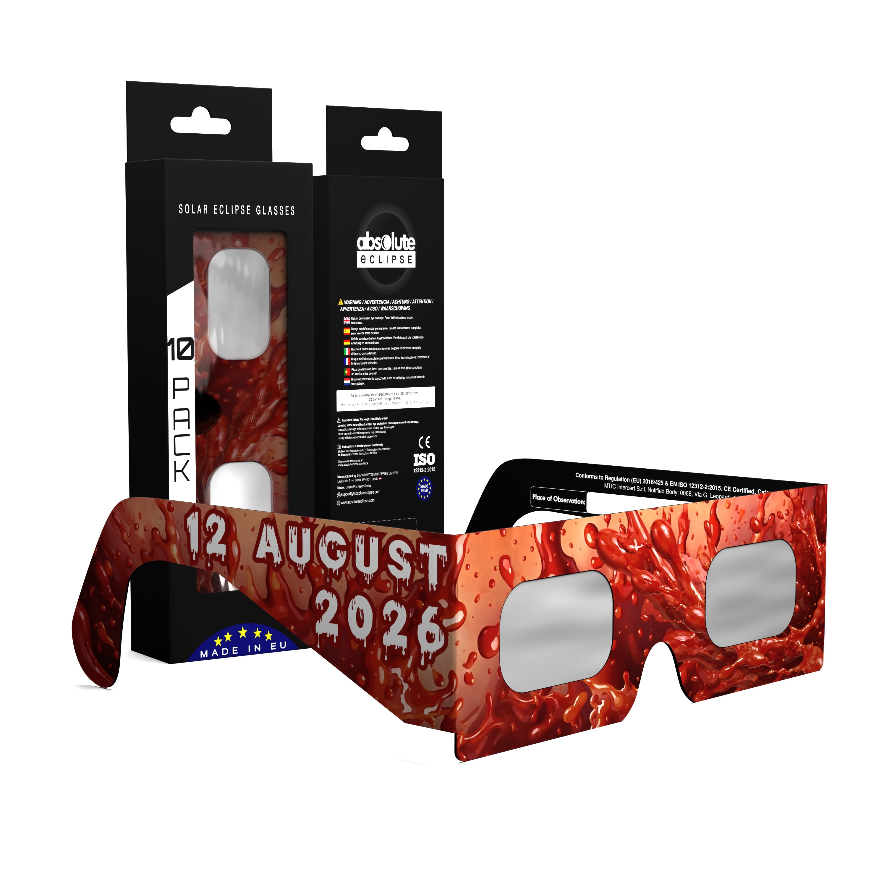 Solar Eclipse Glasses with Tomatina design, CE Certified and ISO Compliant - Packaging Image of 10-Pack